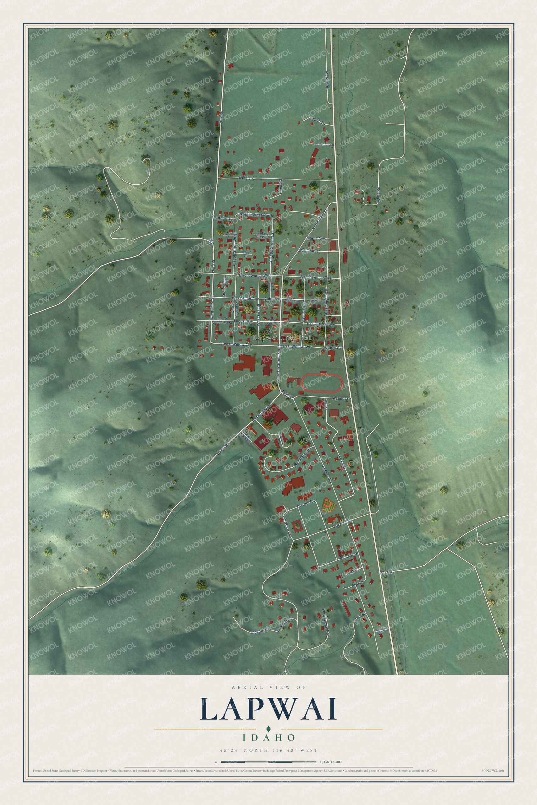 Full map of Lapwai, Idaho, with red buildings, printed street names and the land around them