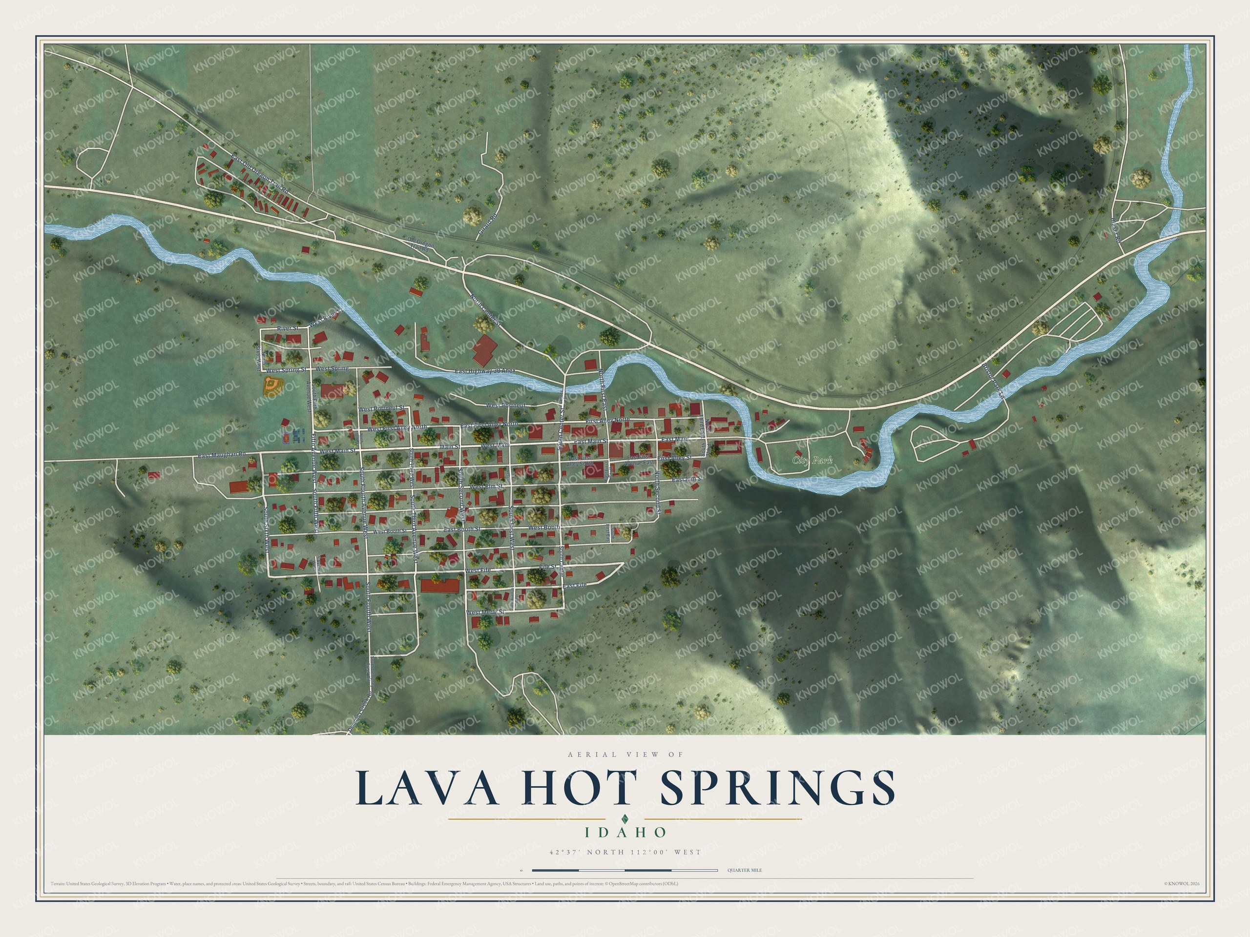 Full map of Lava Hot Springs, Idaho, with red buildings, printed street names and the land around them