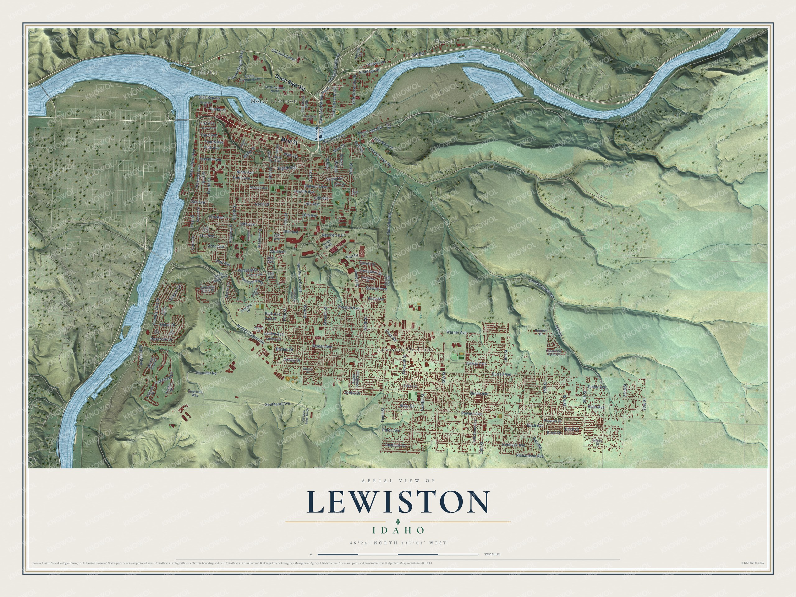 Full map of Lewiston, Idaho, with red buildings, printed street names and the land around them