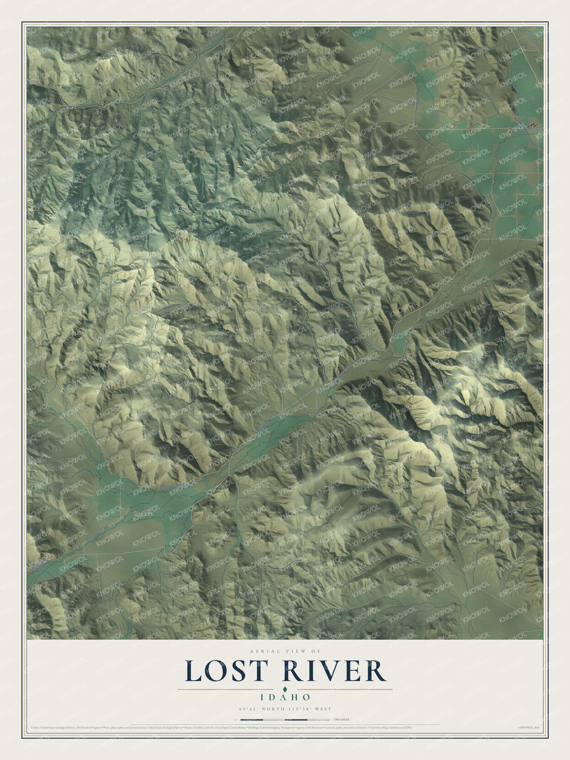 Full map of Lost River, Idaho, with red buildings, printed street names and the land around them
