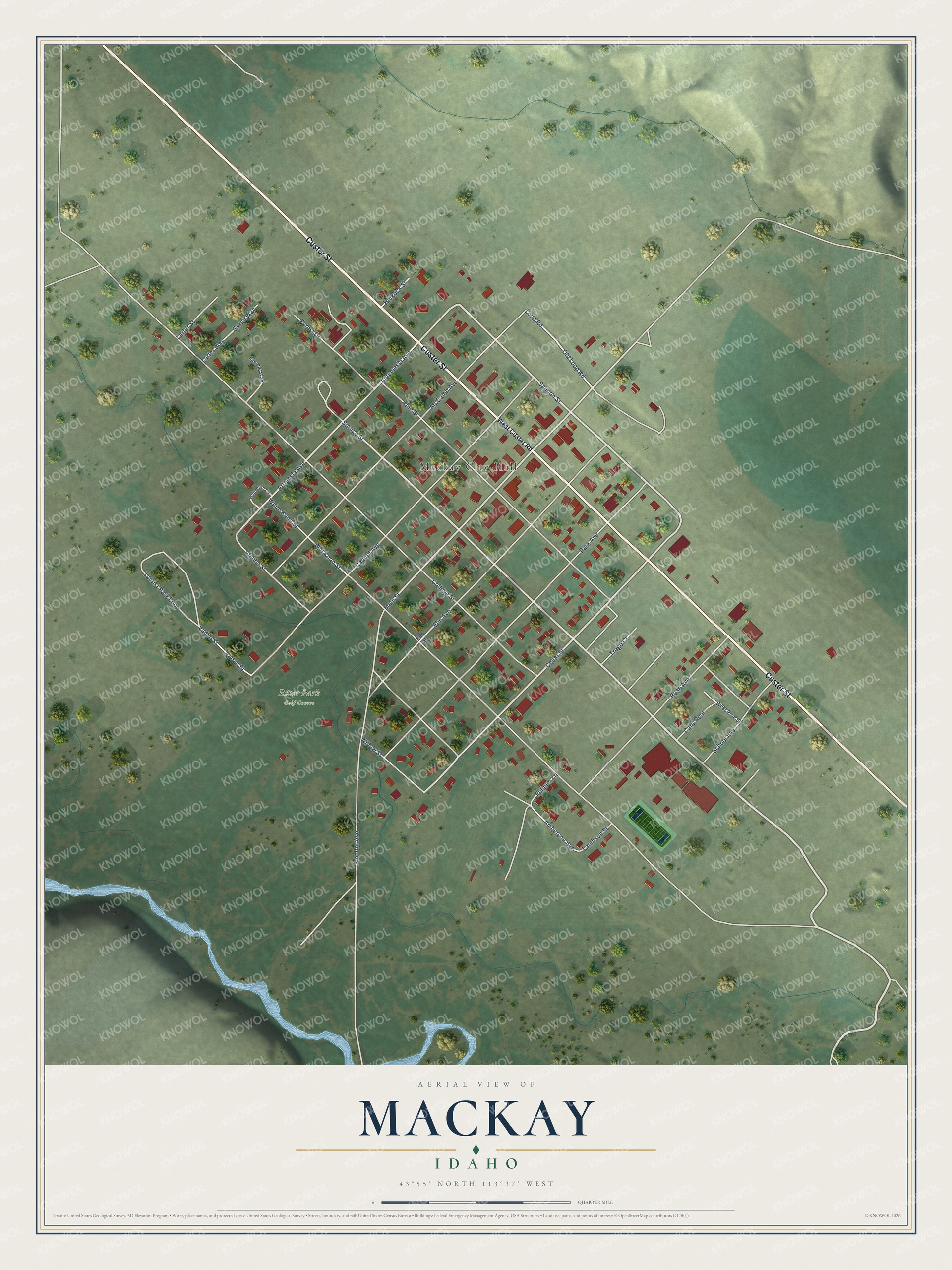Full map of Mackay, Idaho, with red buildings, printed street names and the land around them