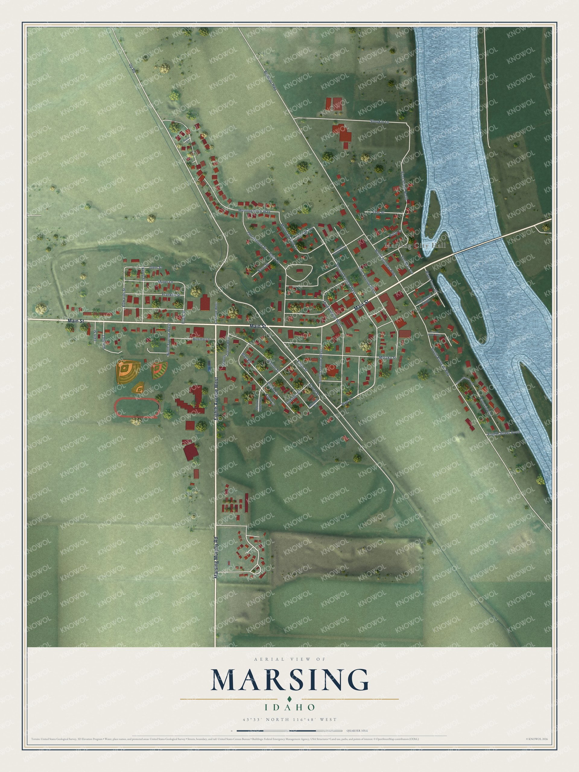 Full map of Marsing, Idaho, with red buildings, printed street names and the land around them