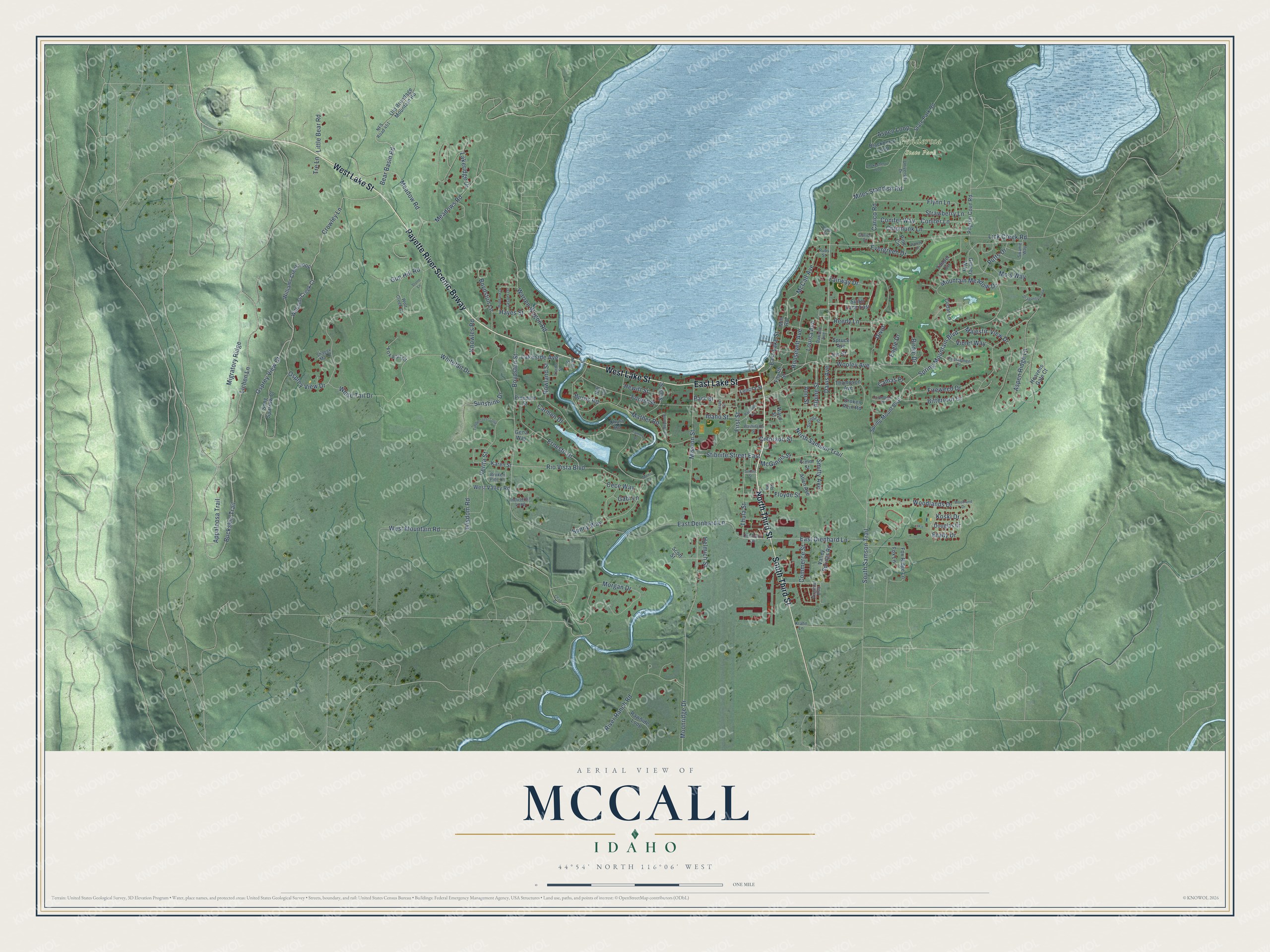Full map of McCall, Idaho, with red buildings, printed street names and the land around them