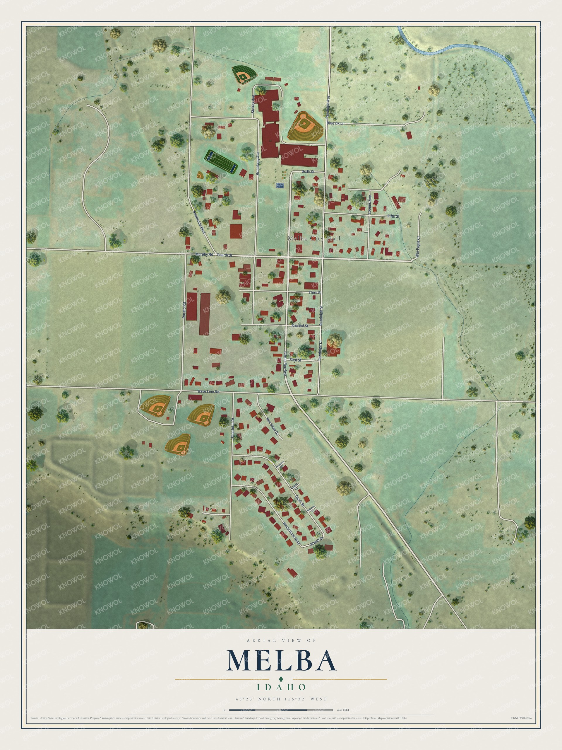 Full map of Melba, Idaho, with red buildings, printed street names and the land around them