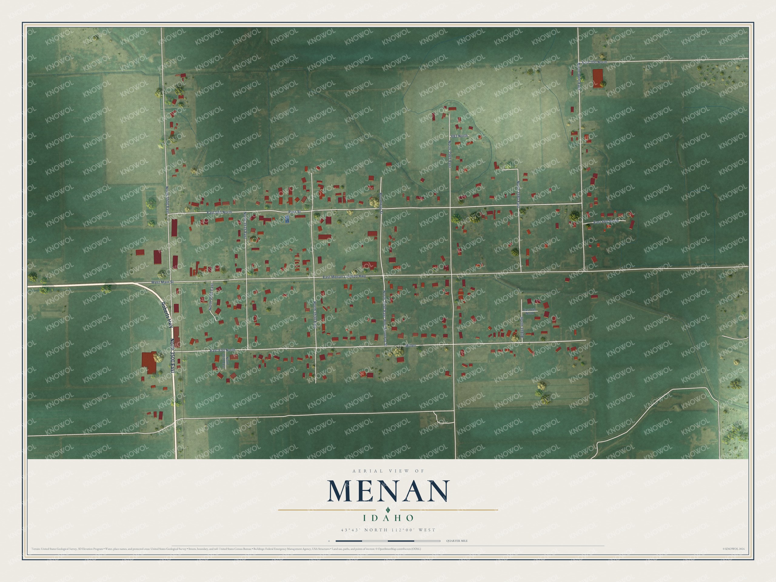 Full map of Menan, Idaho, with red buildings, printed street names and the land around them