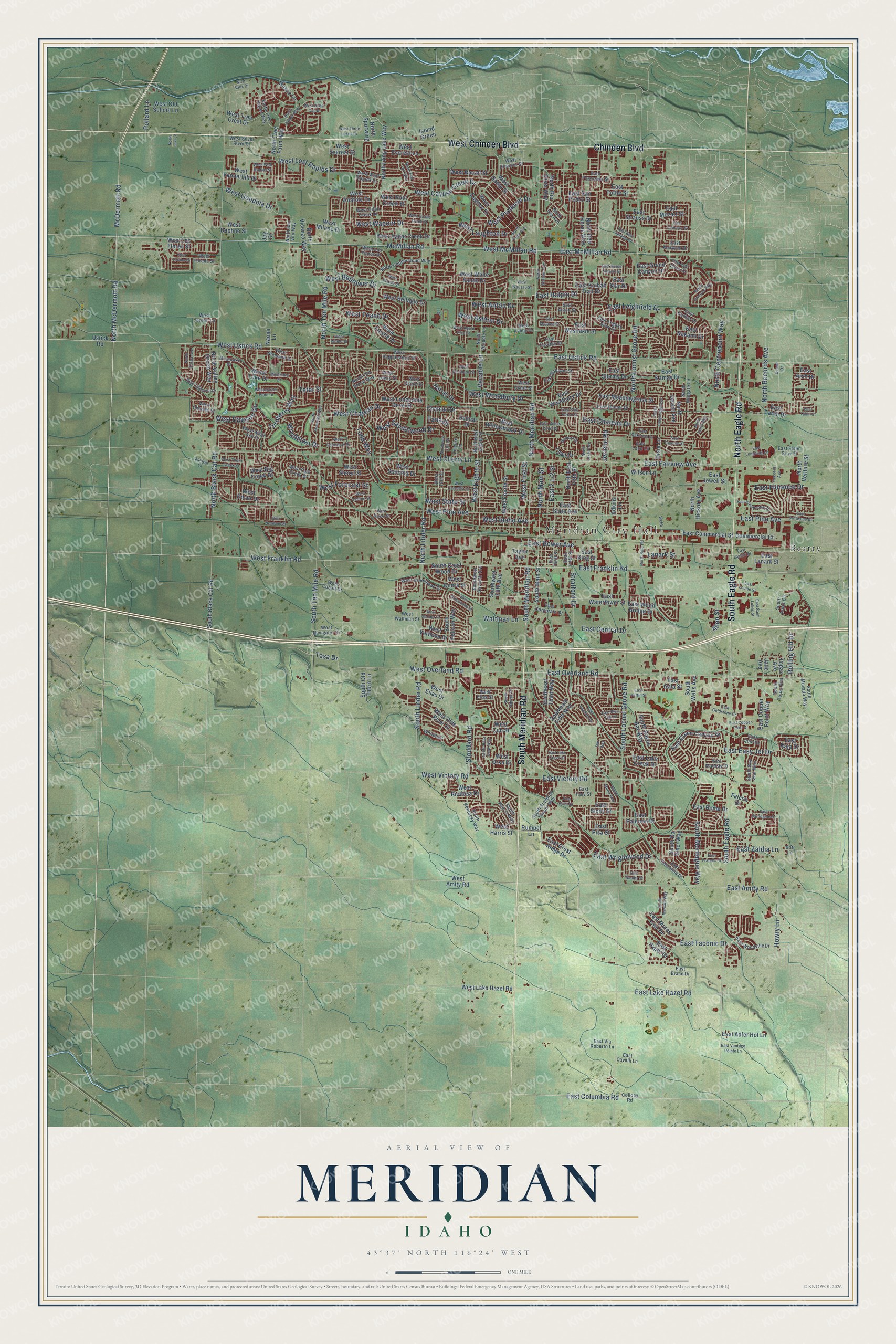 Full map of Meridian, Idaho, with red buildings, printed street names and the land around them