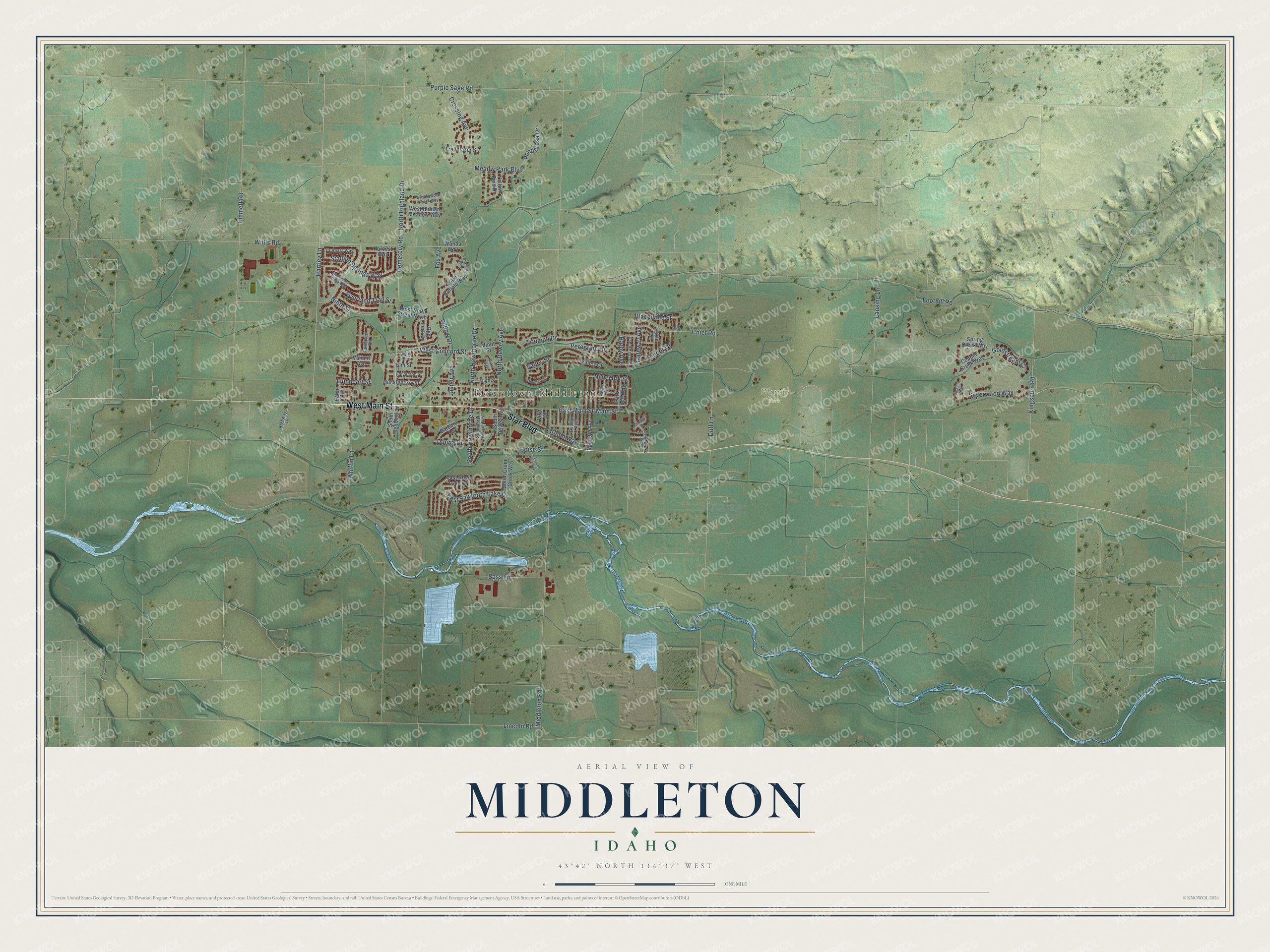 Full map of Middleton, Idaho, with red buildings, printed street names and the land around them