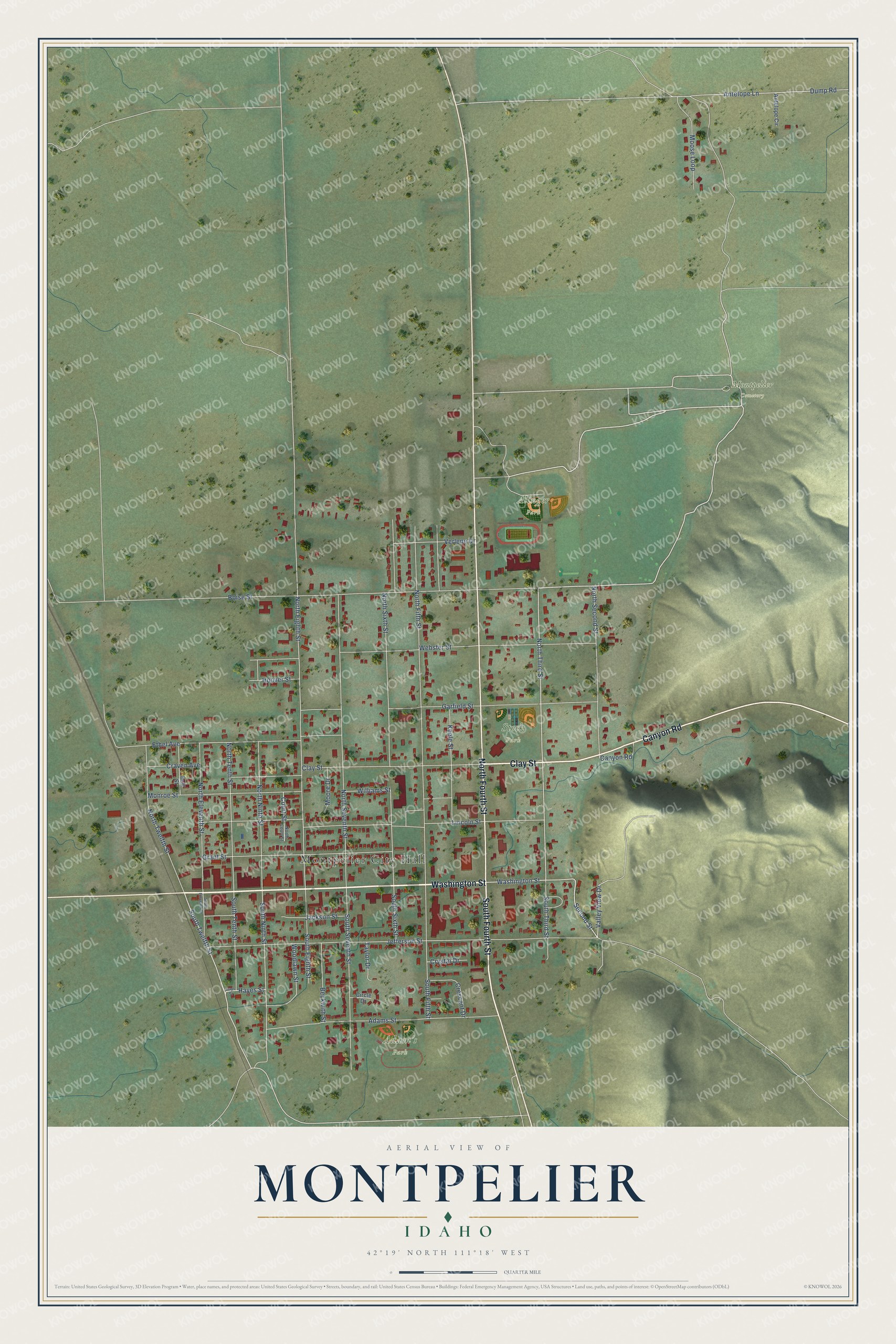 Full map of Montpelier, Idaho, with red buildings, printed street names and the land around them