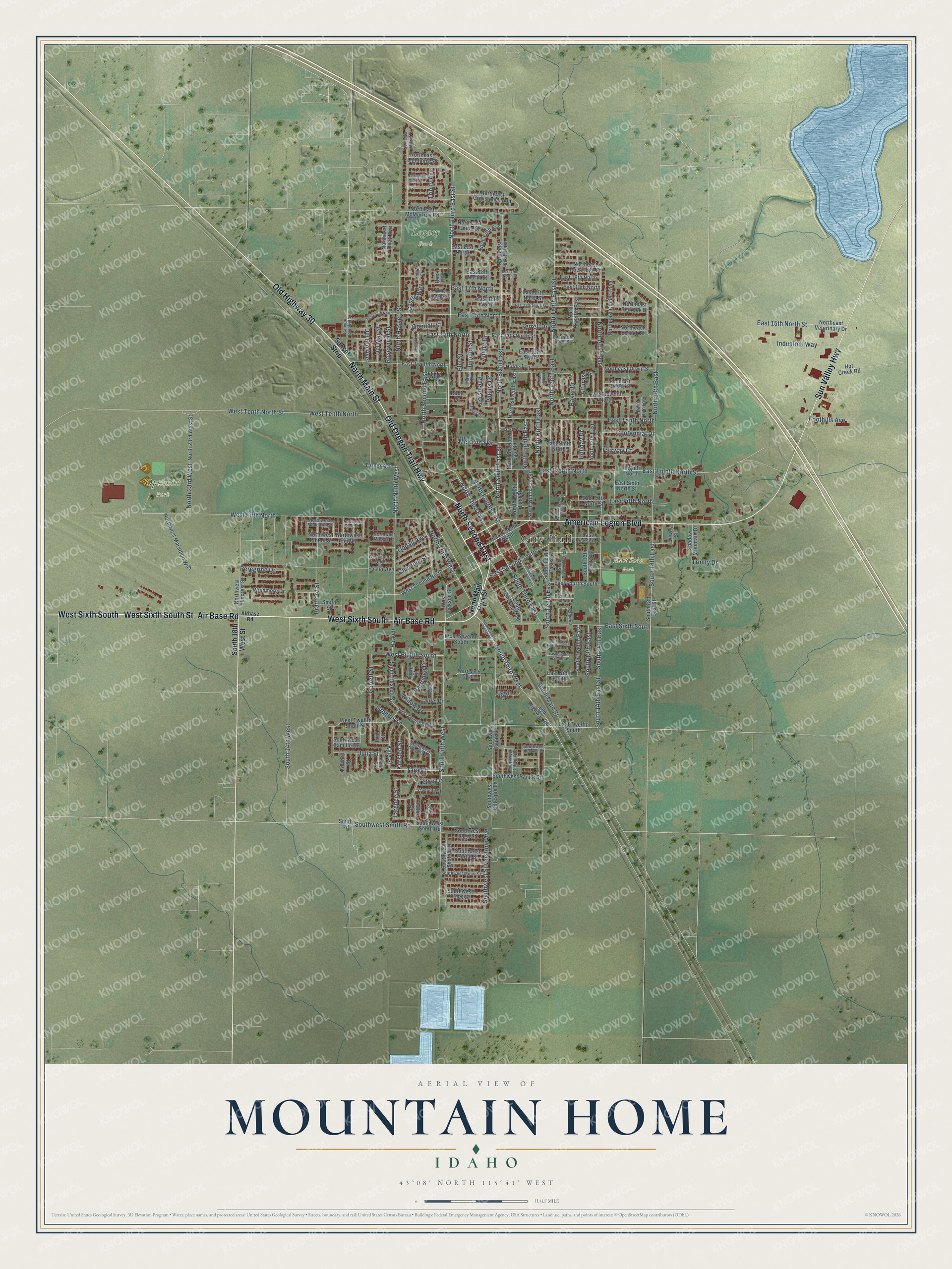 Full map of Mountain Home, Idaho, with red buildings, printed street names and the land around them