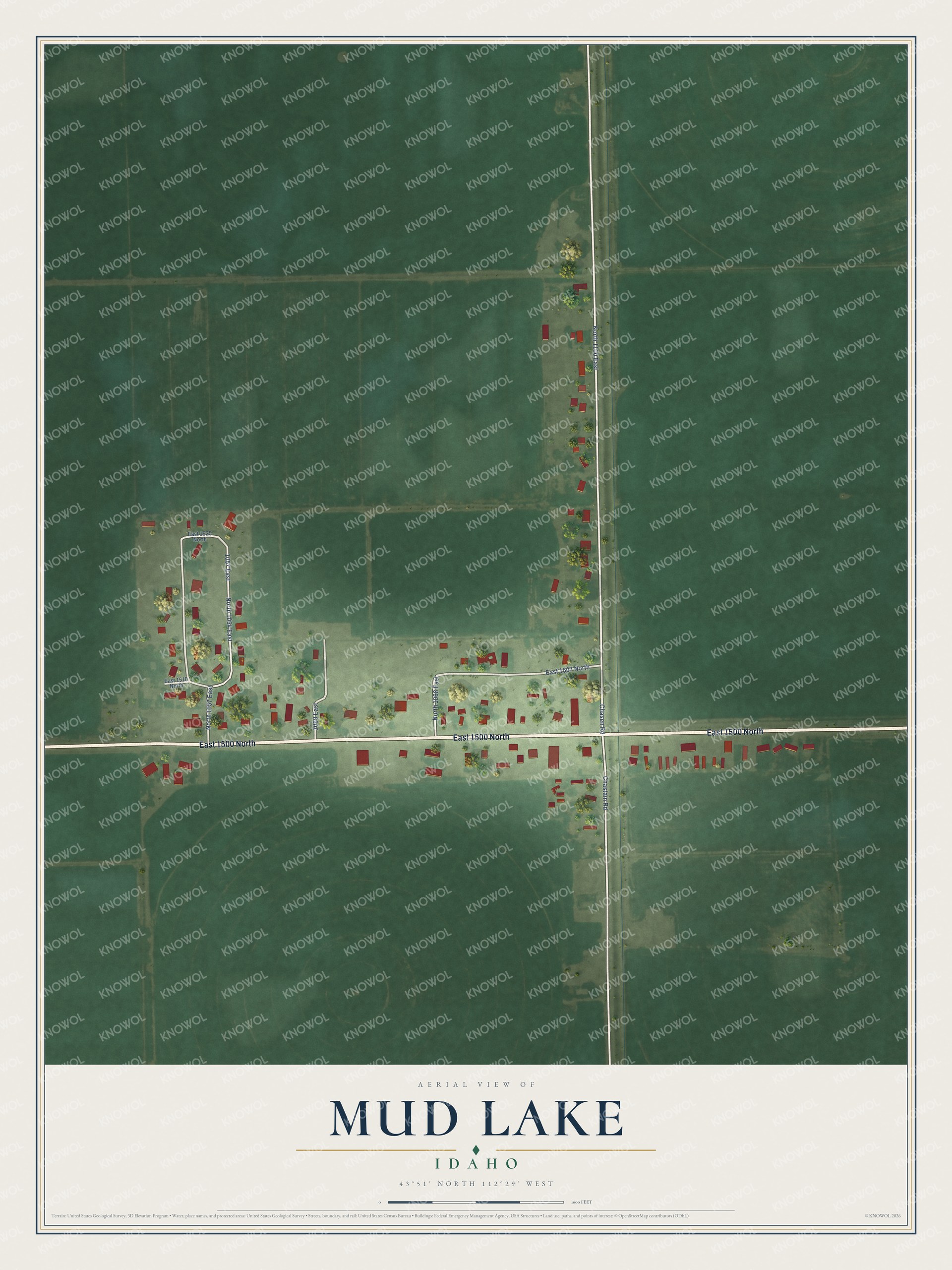 Full map of Mud Lake, Idaho, with red buildings, printed street names and the land around them