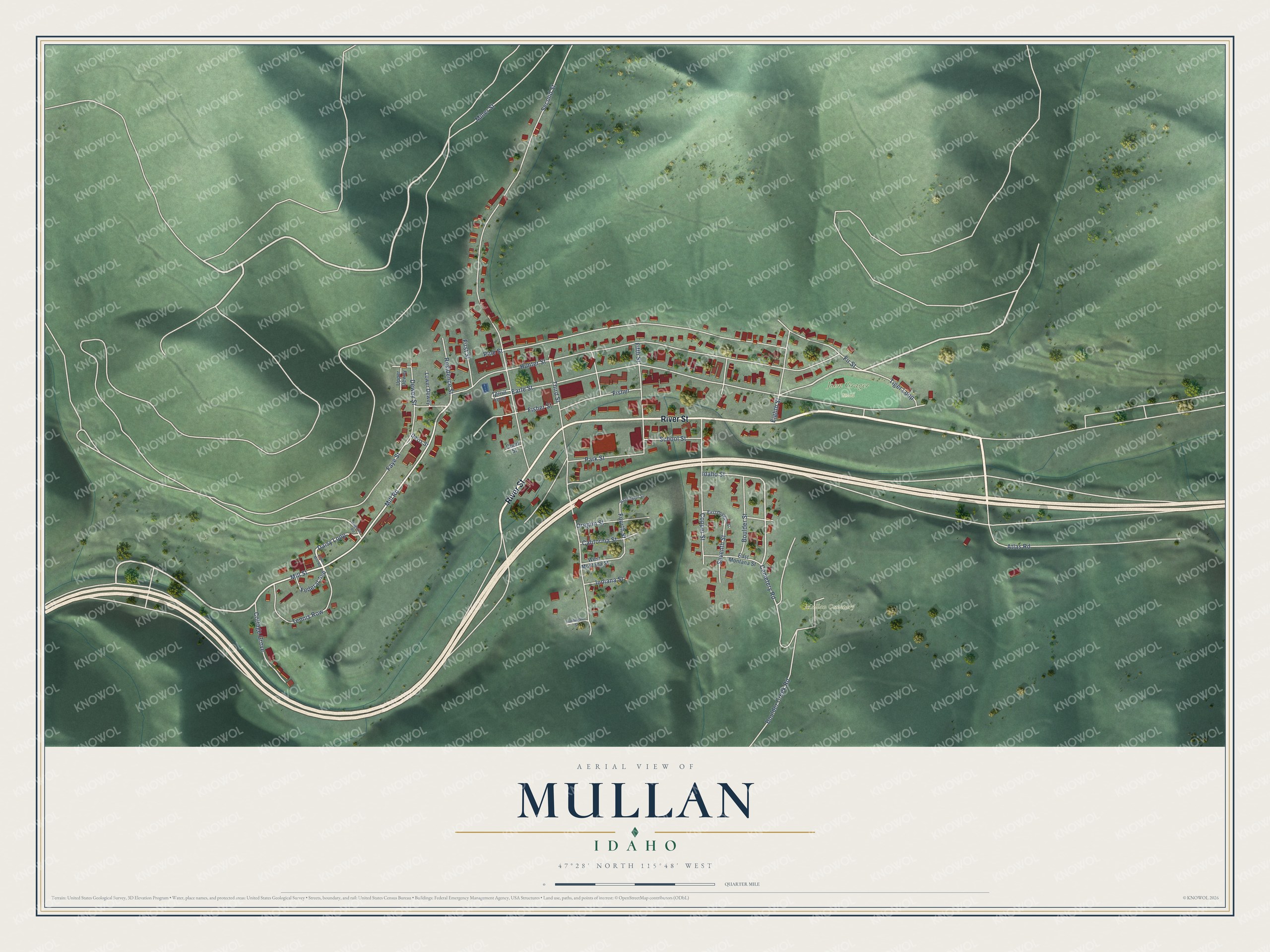Full map of Mullan, Idaho, with red buildings, printed street names and the land around them