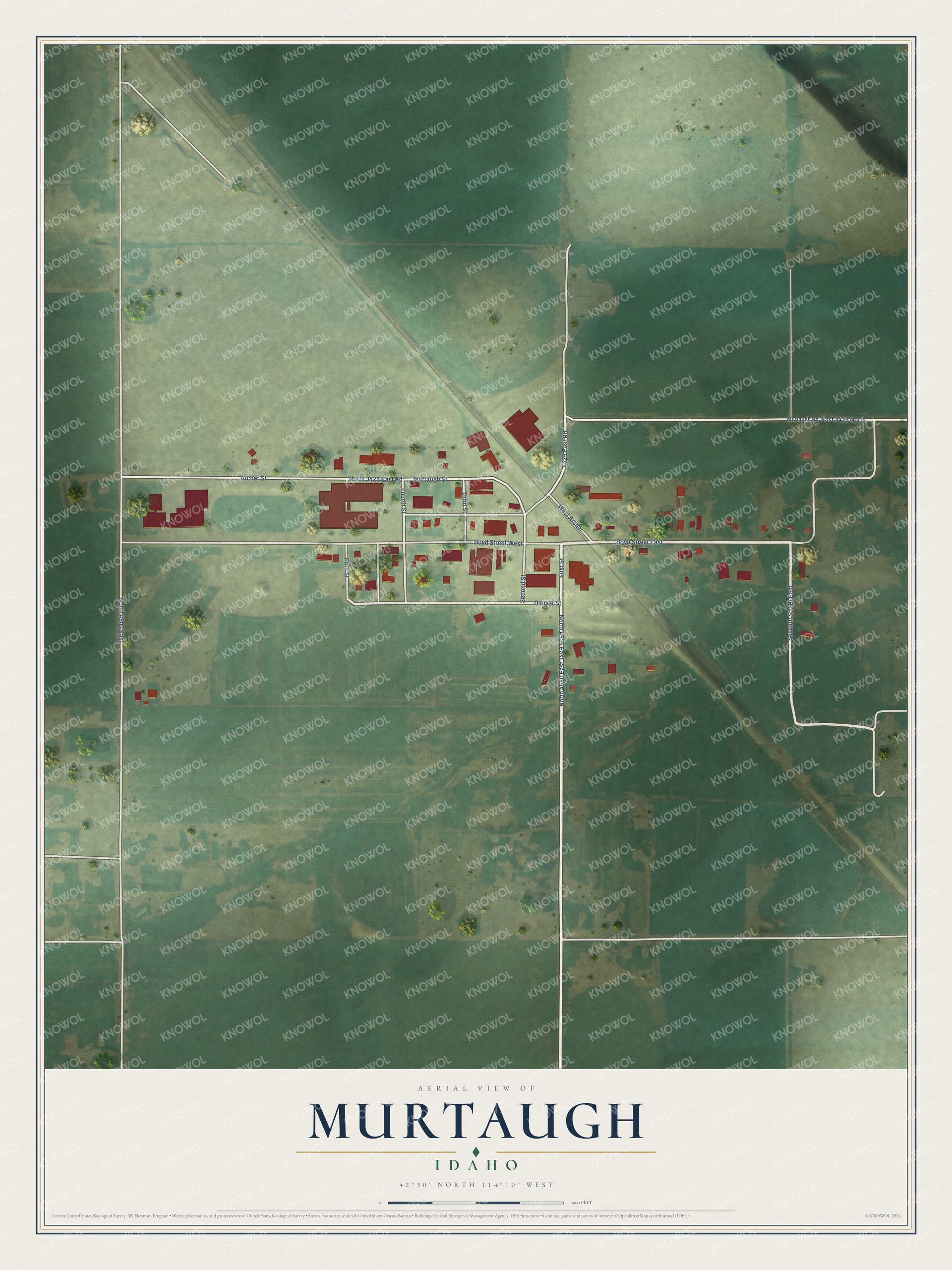 Full map of Murtaugh, Idaho, with red buildings, printed street names and the land around them