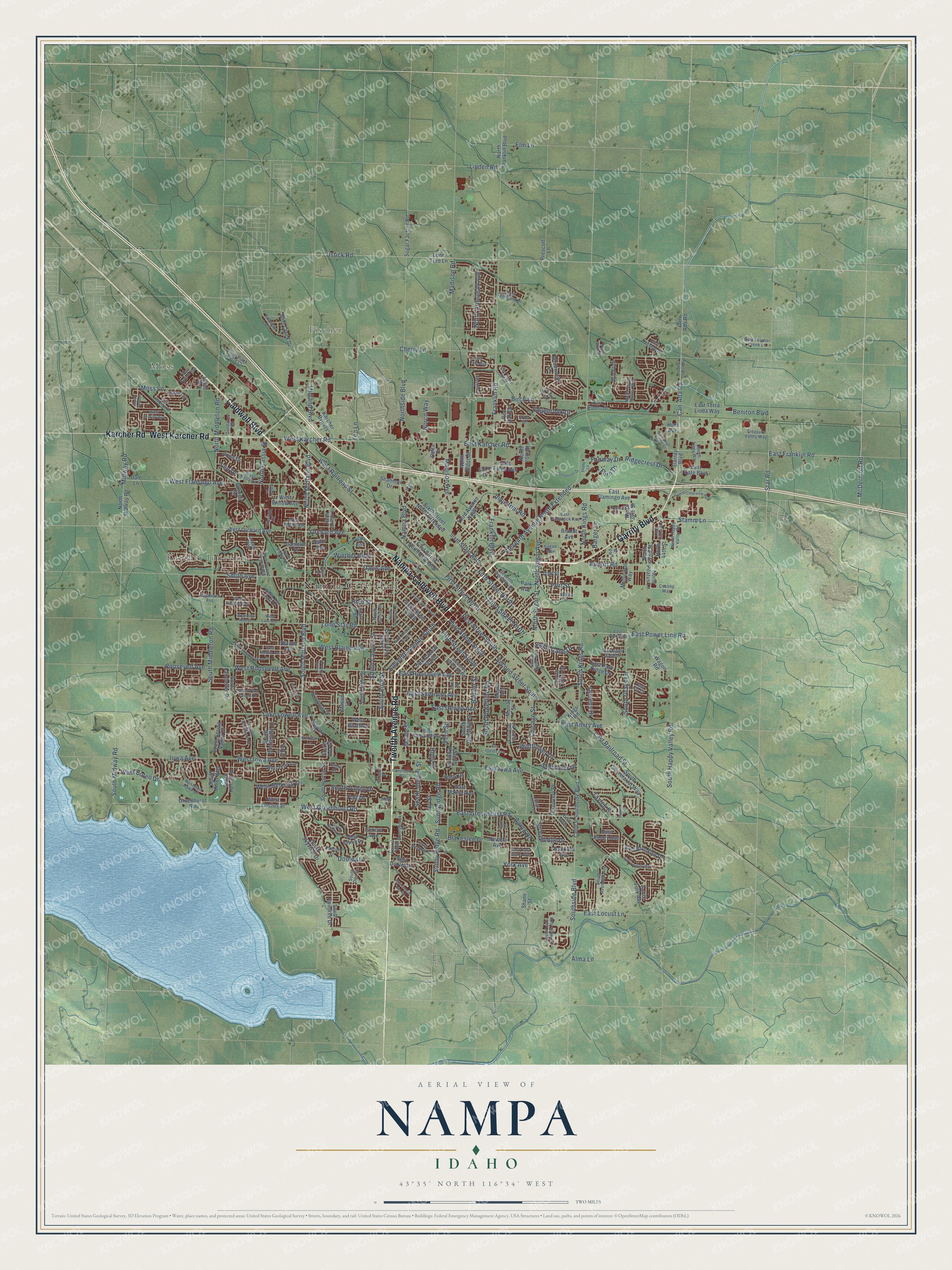 Full map of Nampa, Idaho, with red buildings, printed street names and the land around them