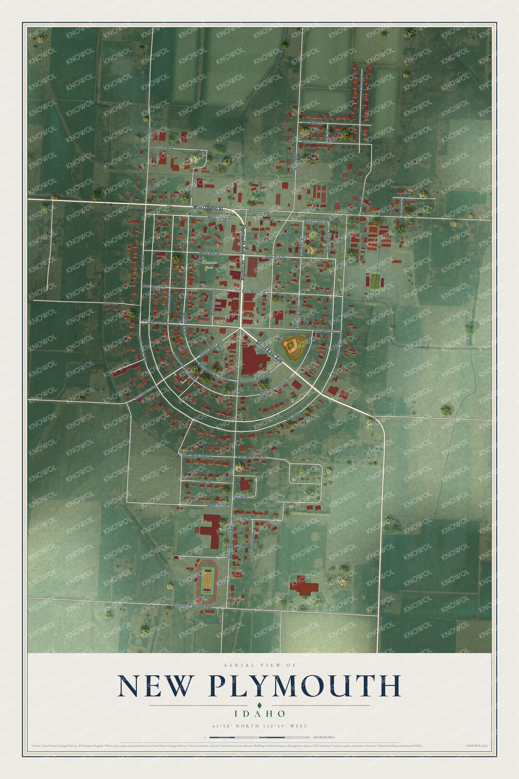 Full map of New Plymouth, Idaho, with red buildings, printed street names and the land around them