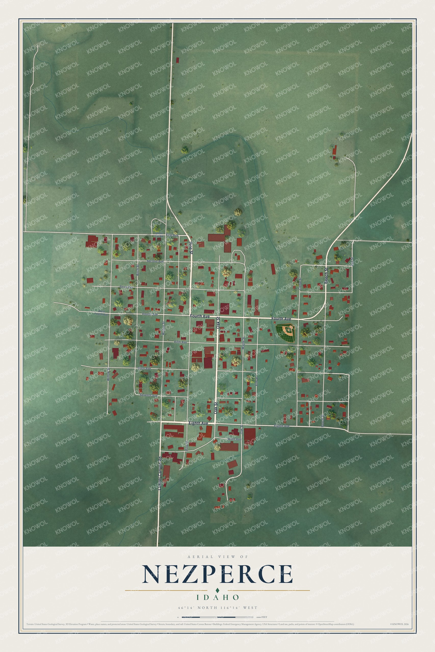 Full map of Nezperce, Idaho, with red buildings, printed street names and the land around them