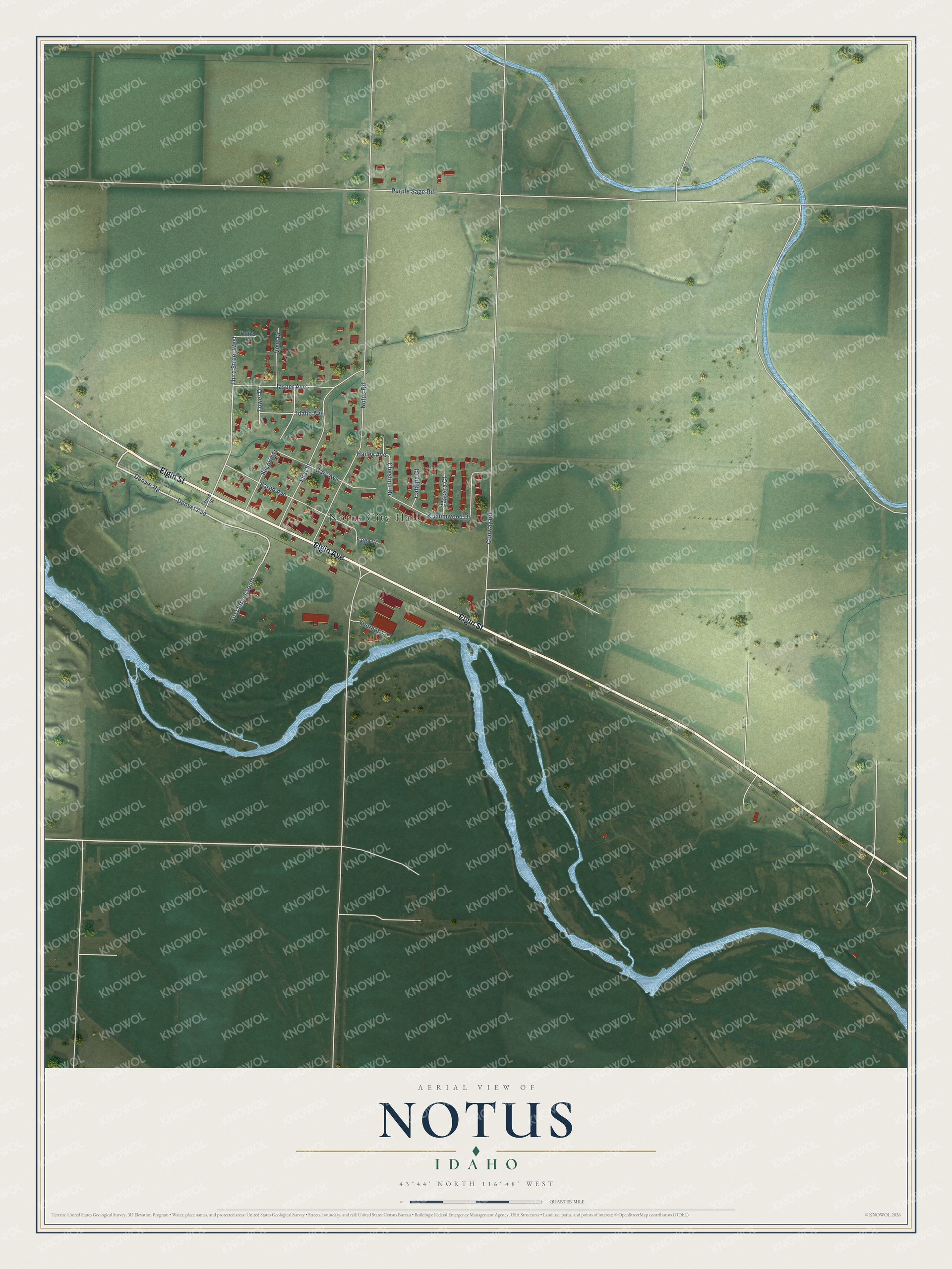Full map of Notus, Idaho, with red buildings, printed street names and the land around them