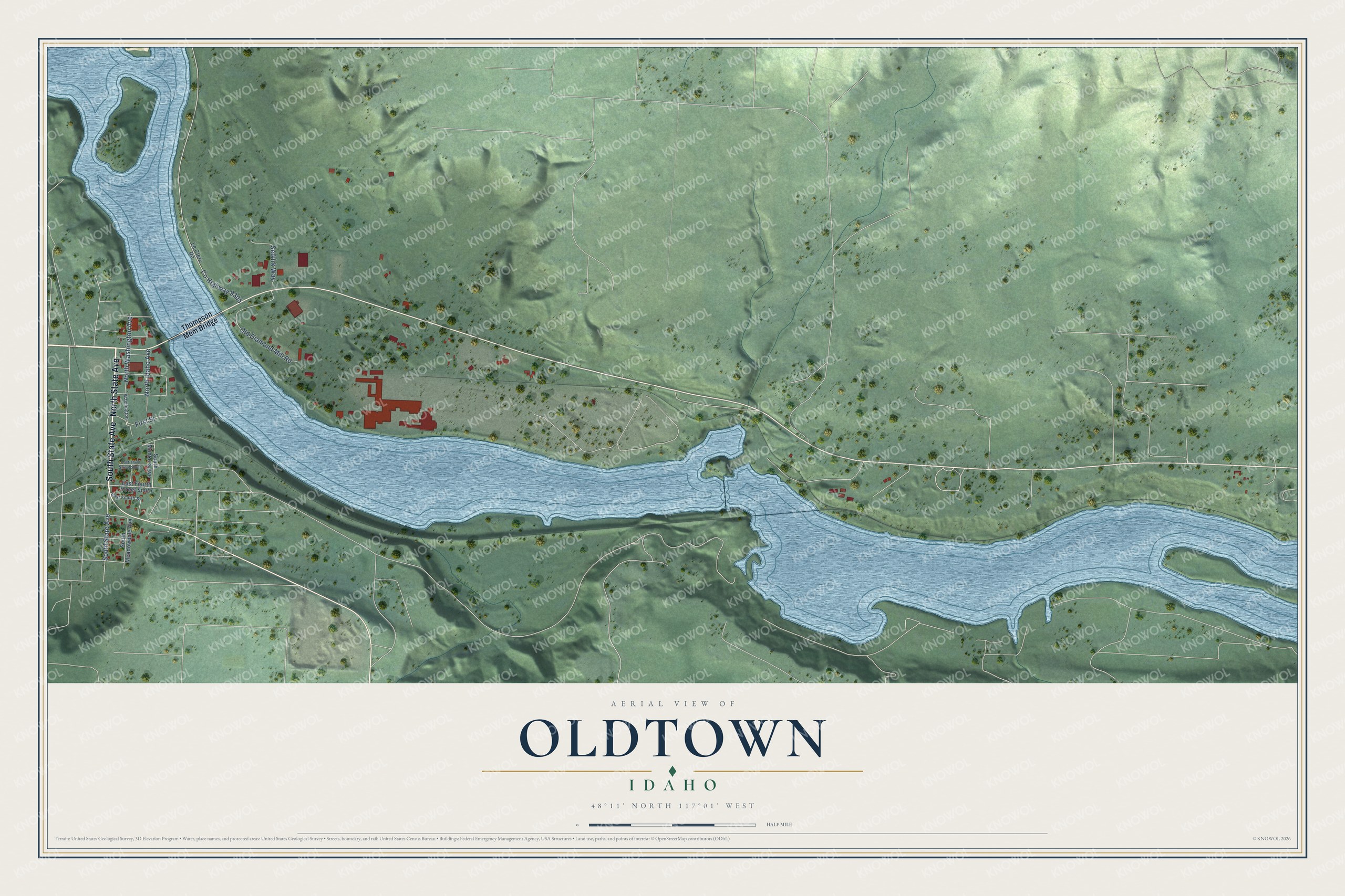 Full map of Oldtown, Idaho, with red buildings, printed street names and the land around them