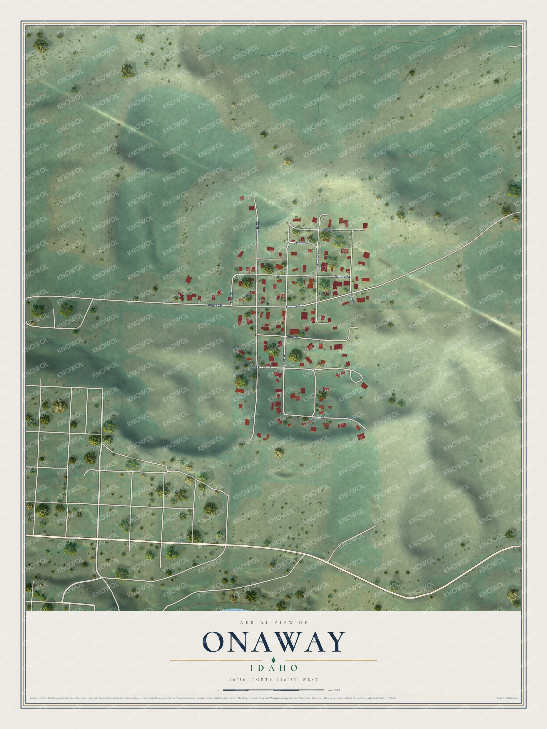 Full map of Onaway, Idaho, with red buildings, printed street names and the land around them