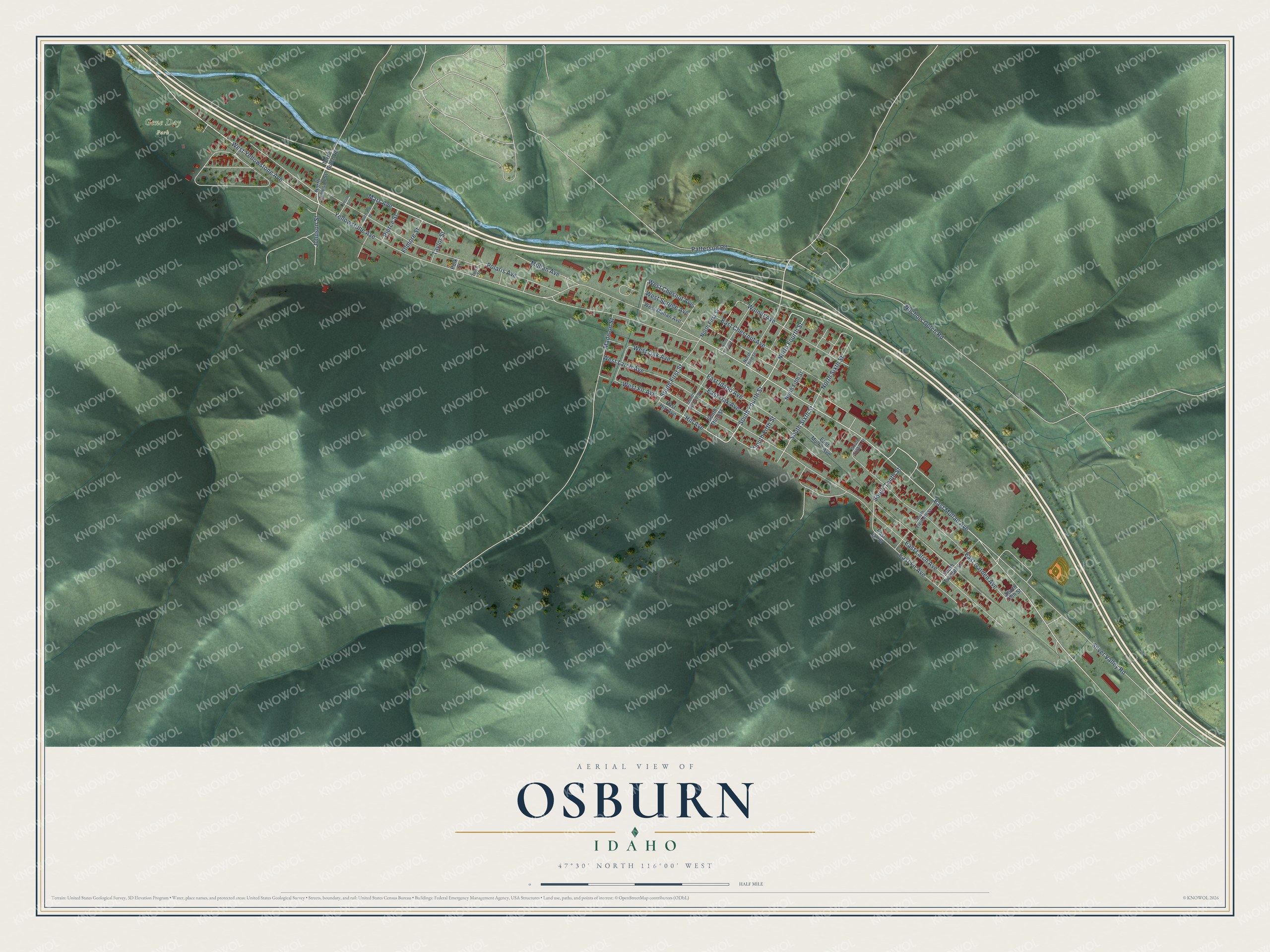 Full map of Osburn, Idaho, with red buildings, printed street names and the land around them