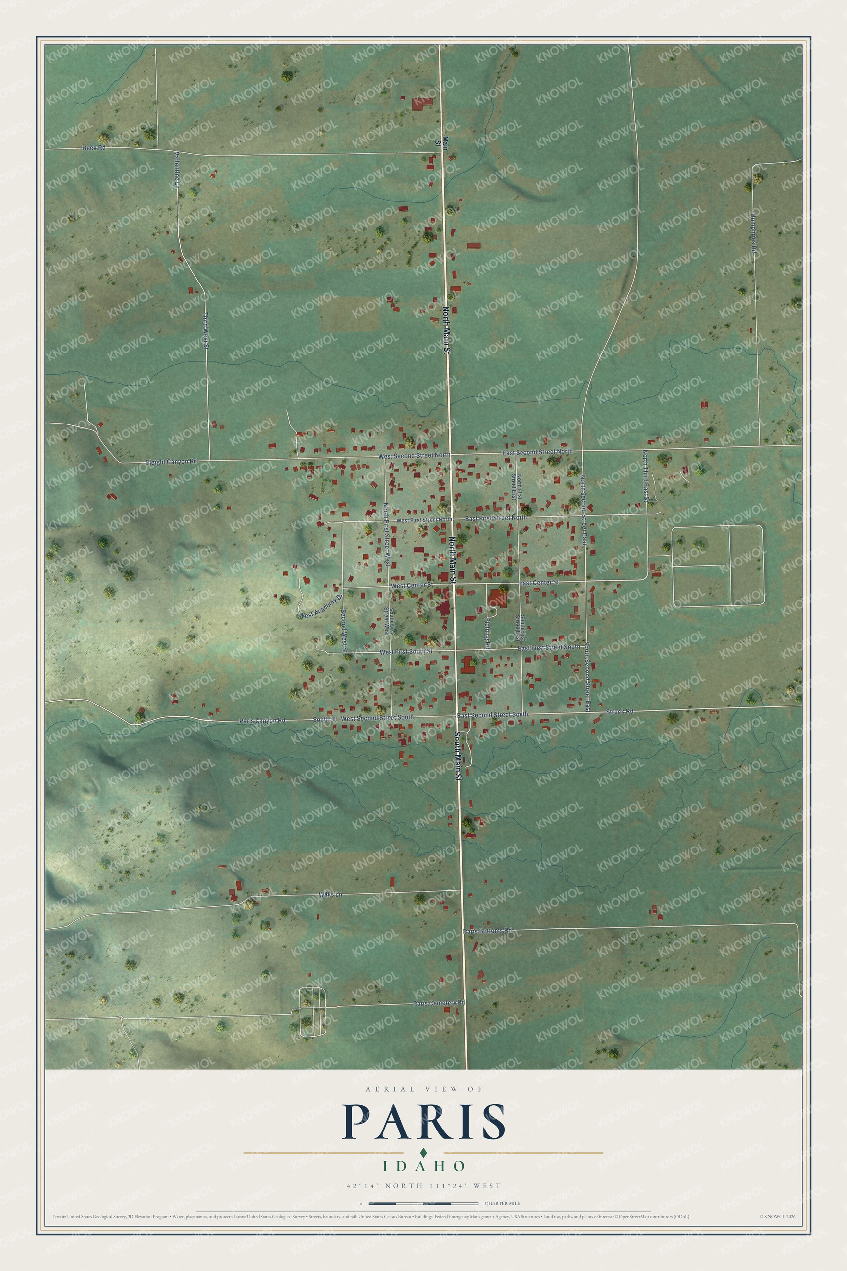 Full map of Paris, Idaho, with red buildings, printed street names and the land around them
