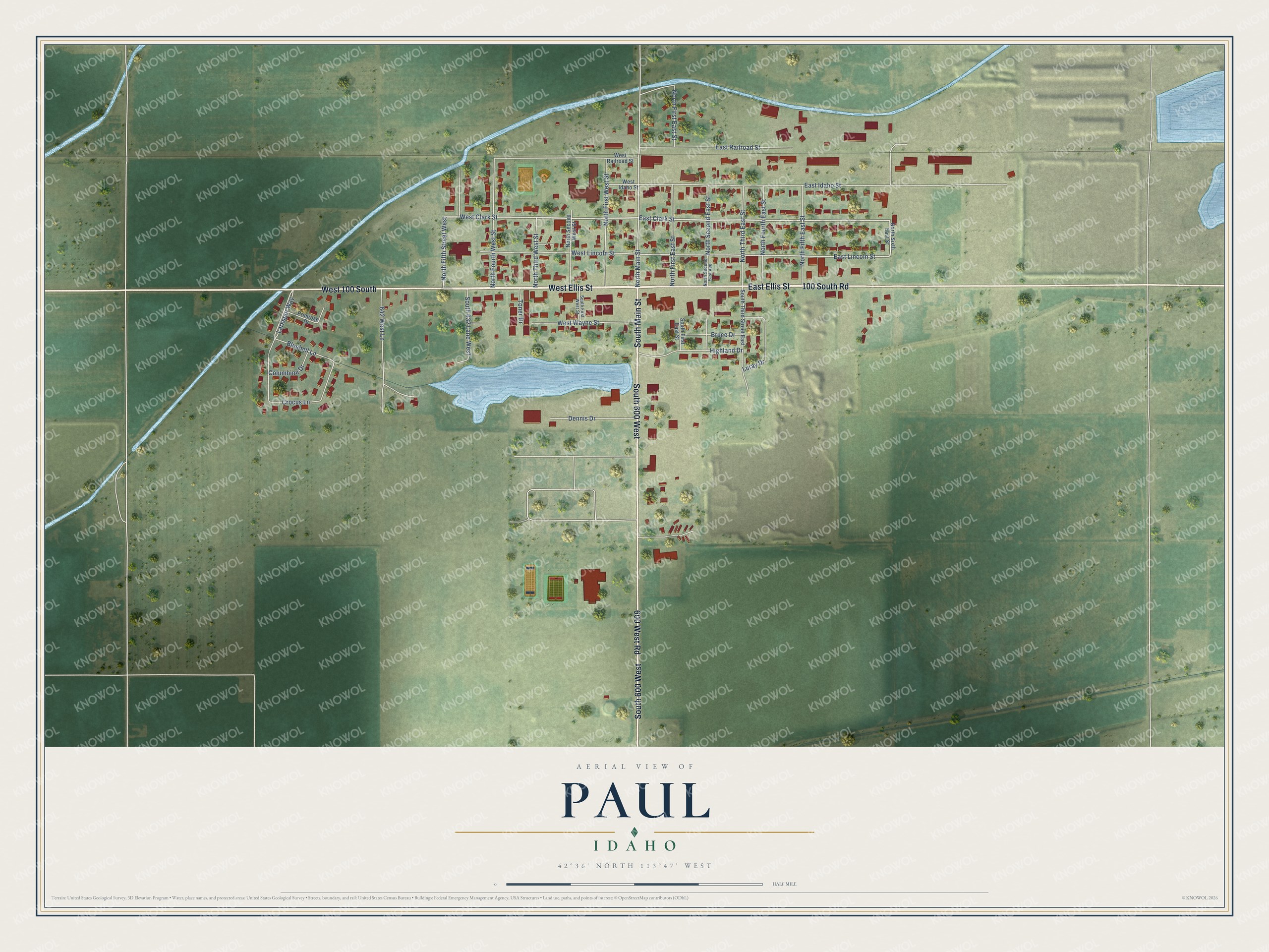 Full map of Paul, Idaho, with red buildings, printed street names and the land around them