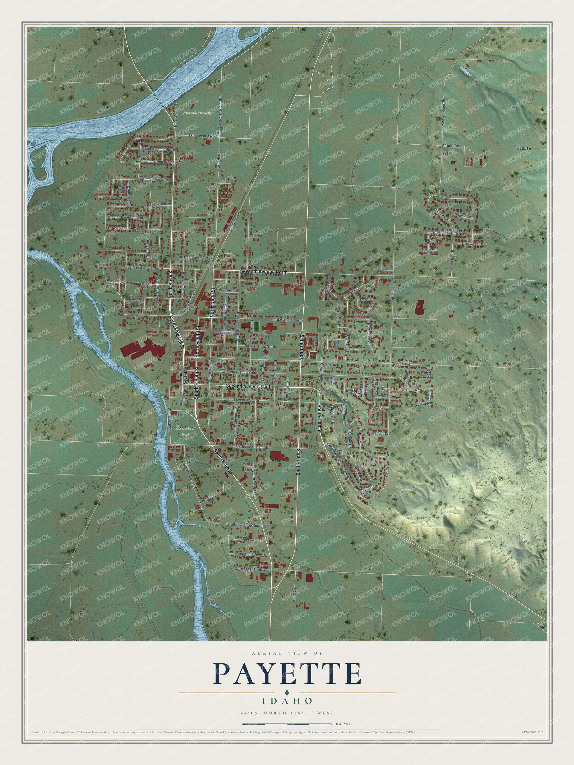 Full map of Payette, Idaho, with red buildings, printed street names and the land around them