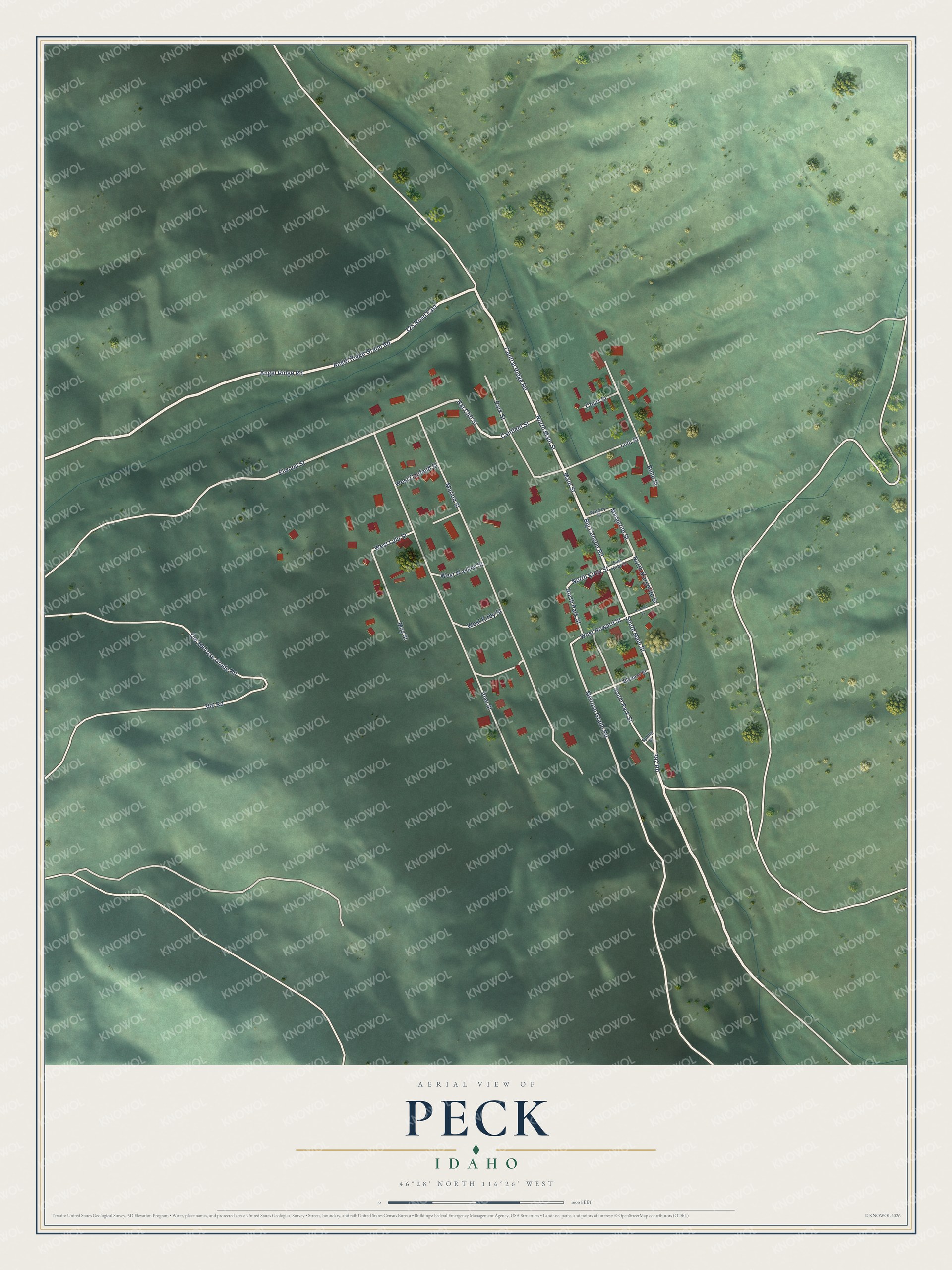 Full map of Peck, Idaho, with red buildings, printed street names and the land around them