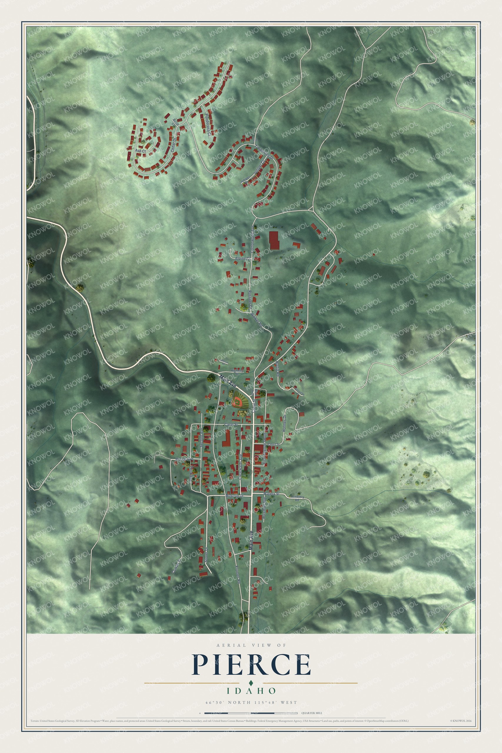 Full map of Pierce, Idaho, with red buildings, printed street names and the land around them