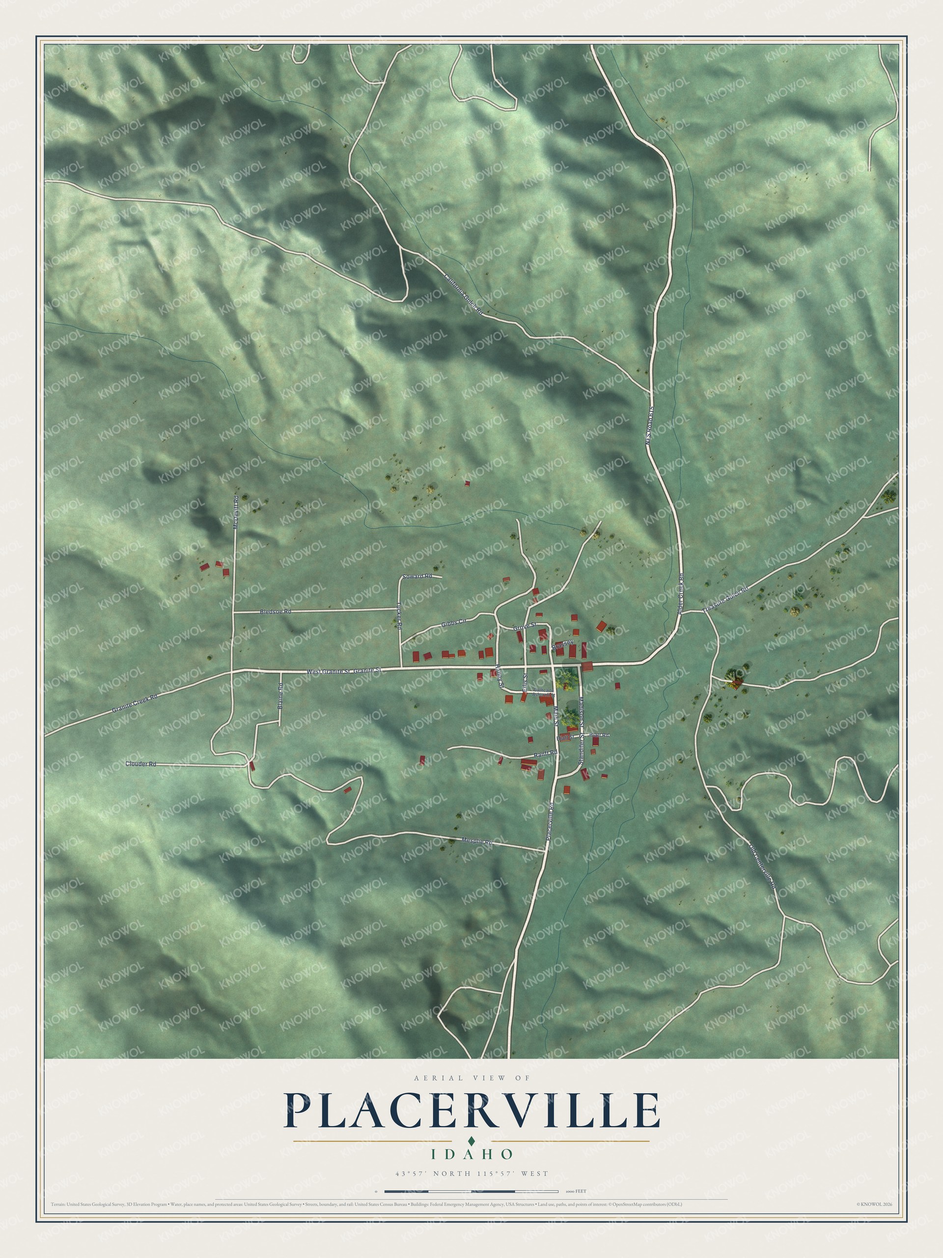 Full map of Placerville, Idaho, with red buildings, printed street names and the land around them