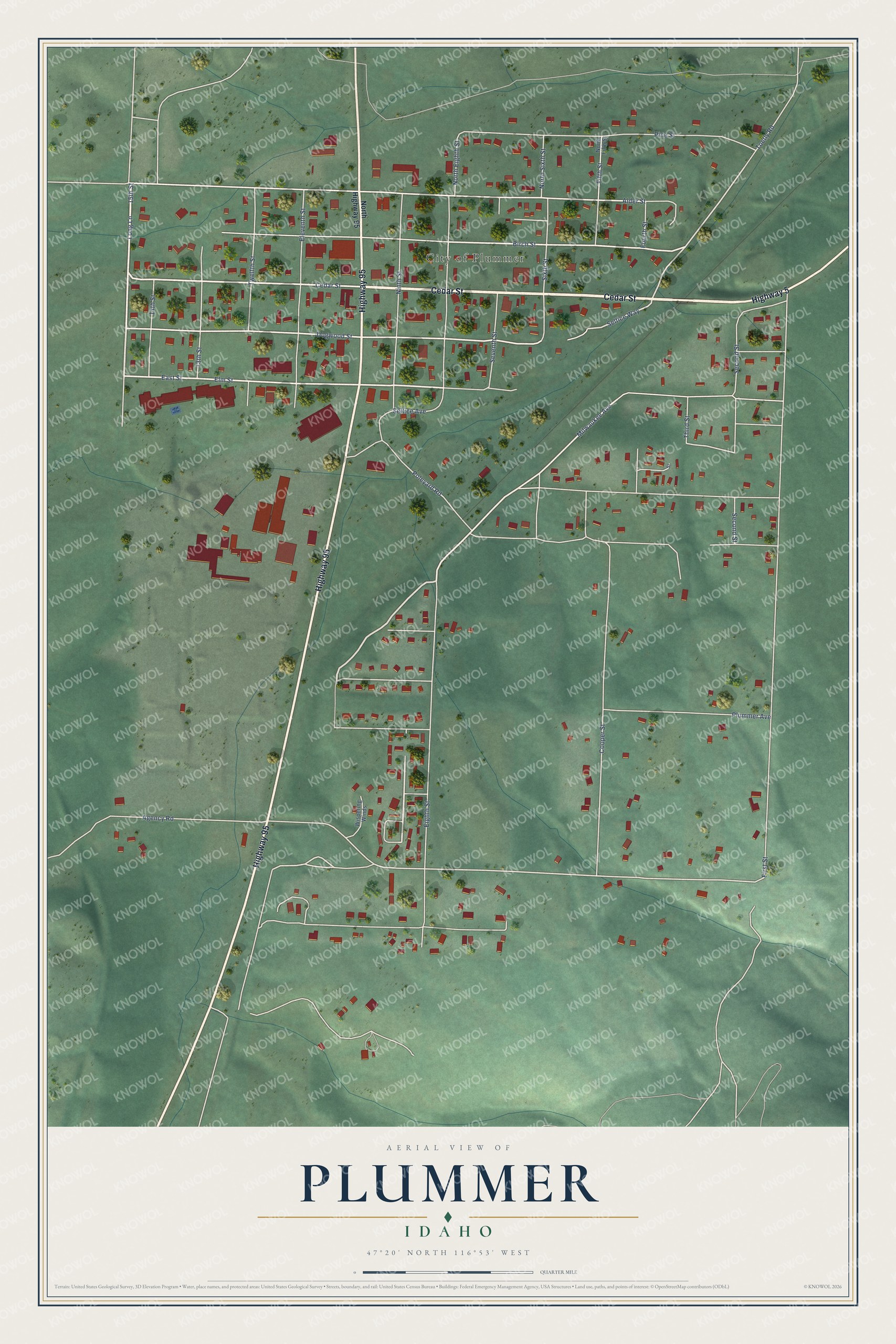 Full map of Plummer, Idaho, with red buildings, printed street names and the land around them