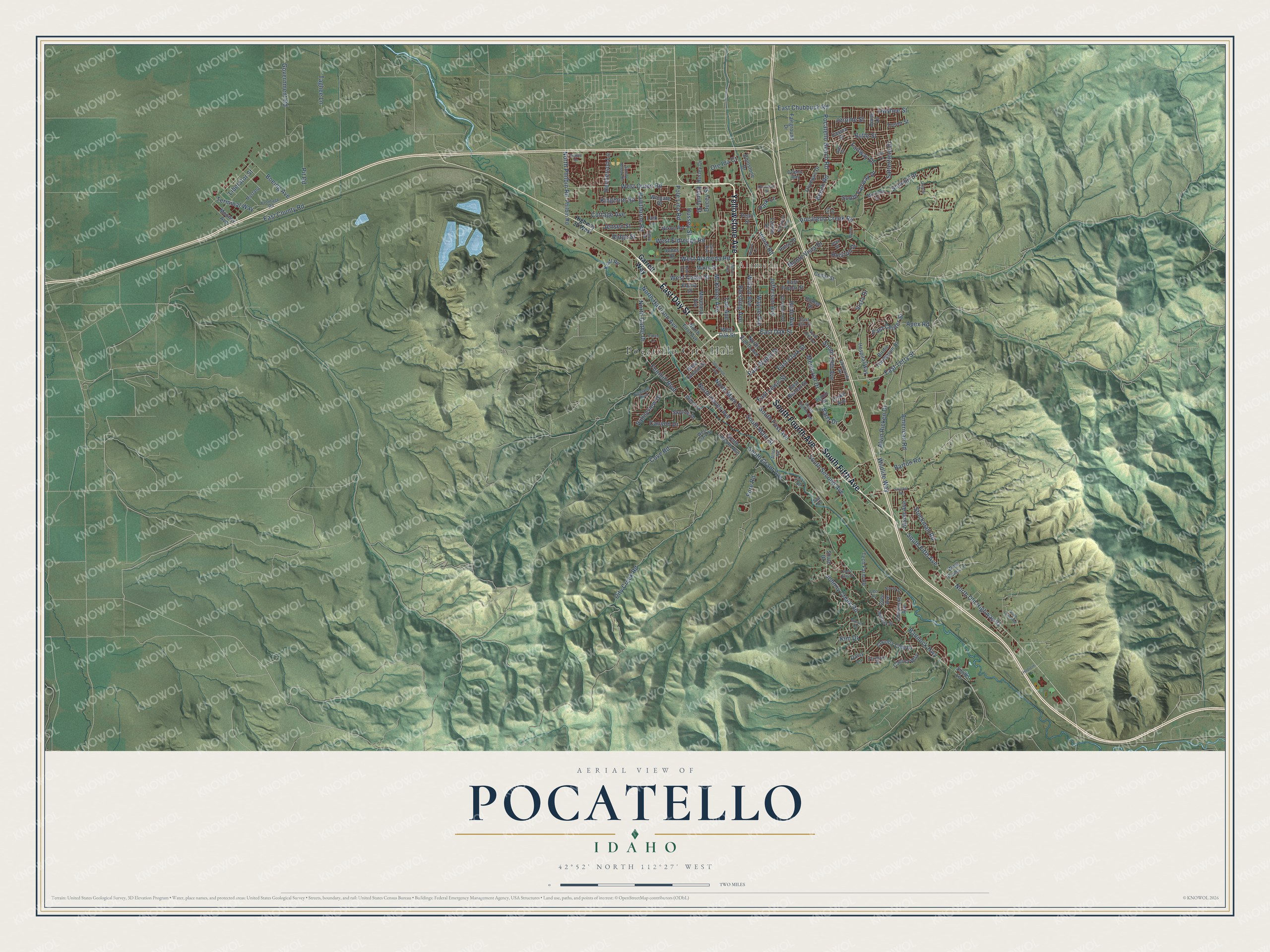 Full map of Pocatello, Idaho, with red buildings, printed street names and the land around them