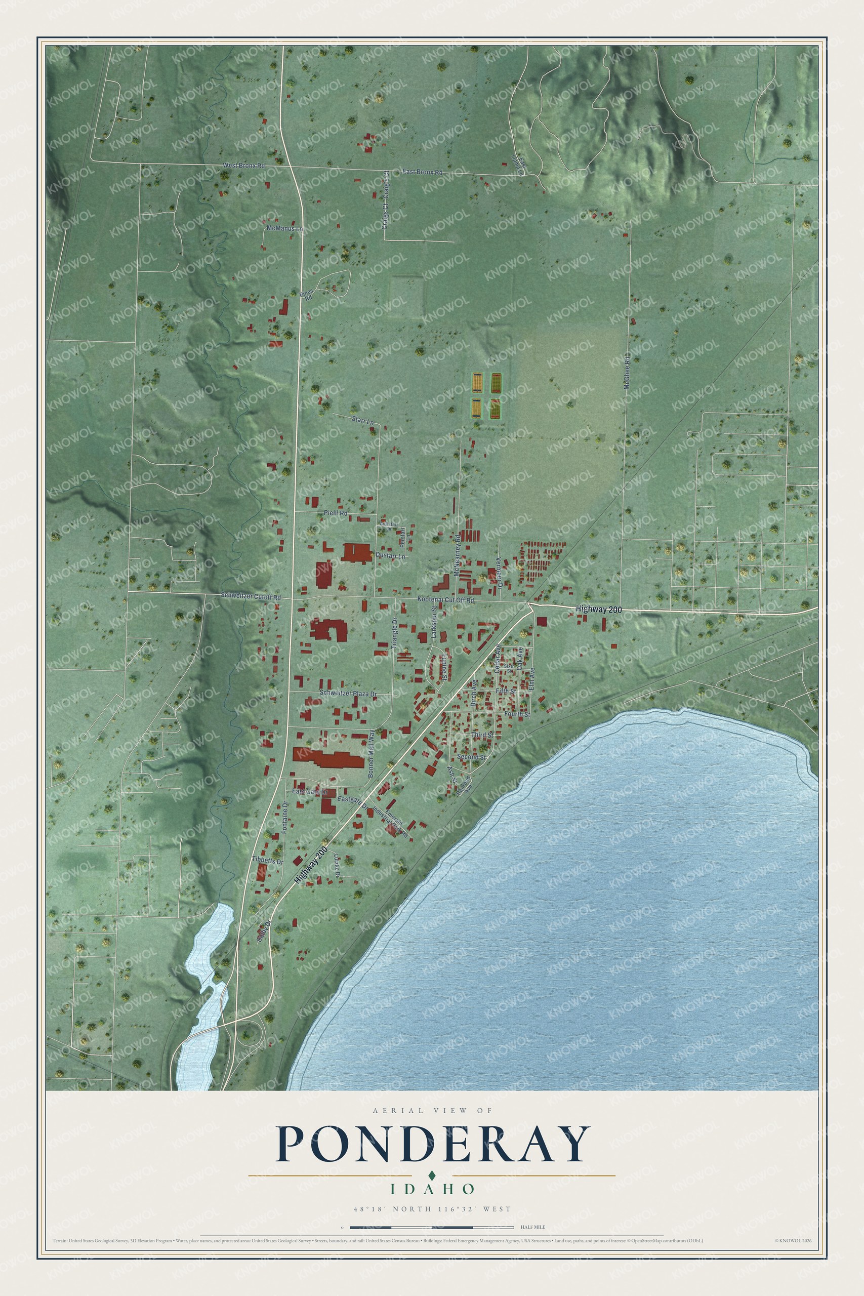 Full map of Ponderay, Idaho, with red buildings, printed street names and the land around them