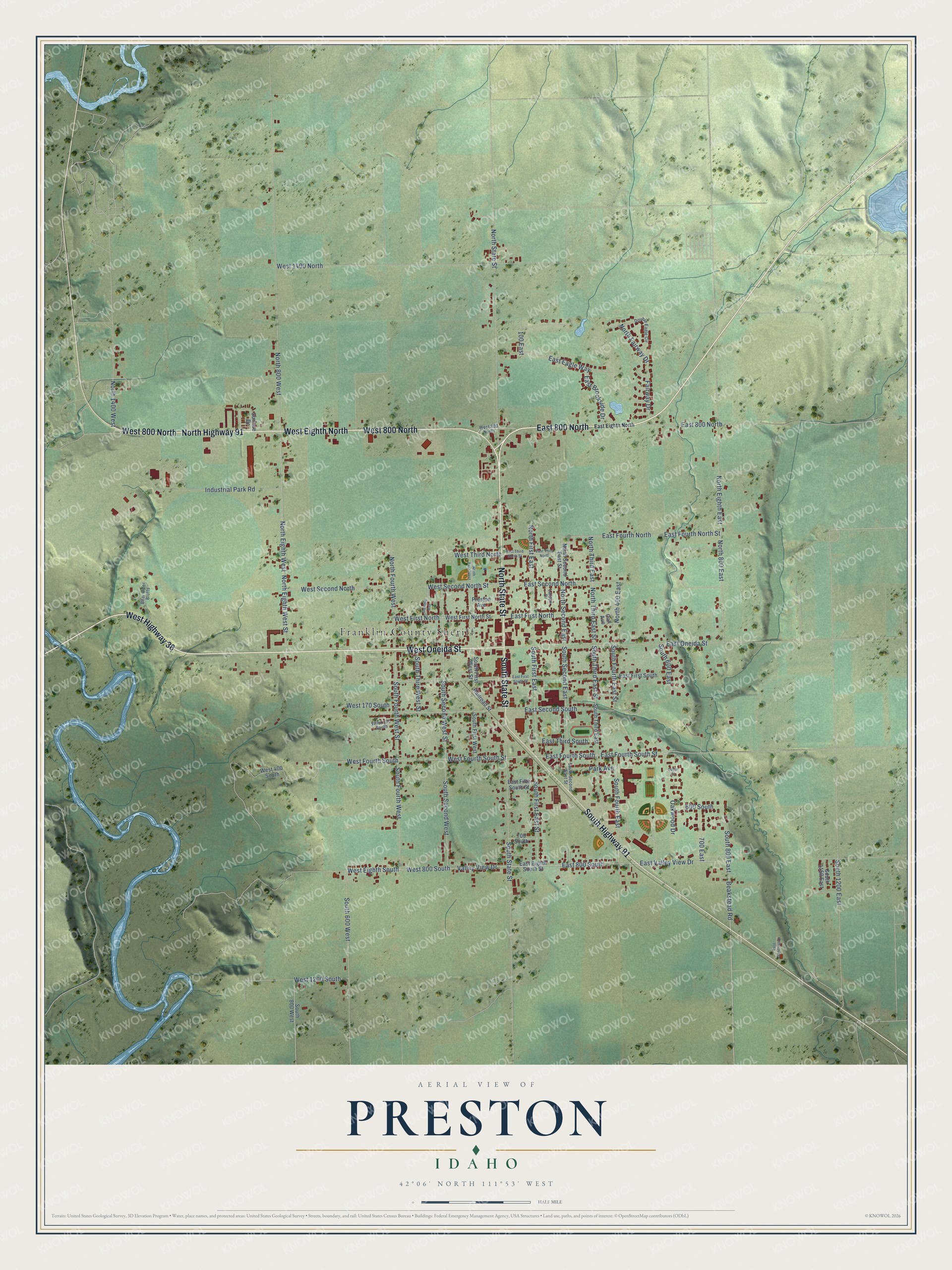 Full map of Preston, Idaho, with red buildings, printed street names and the land around them