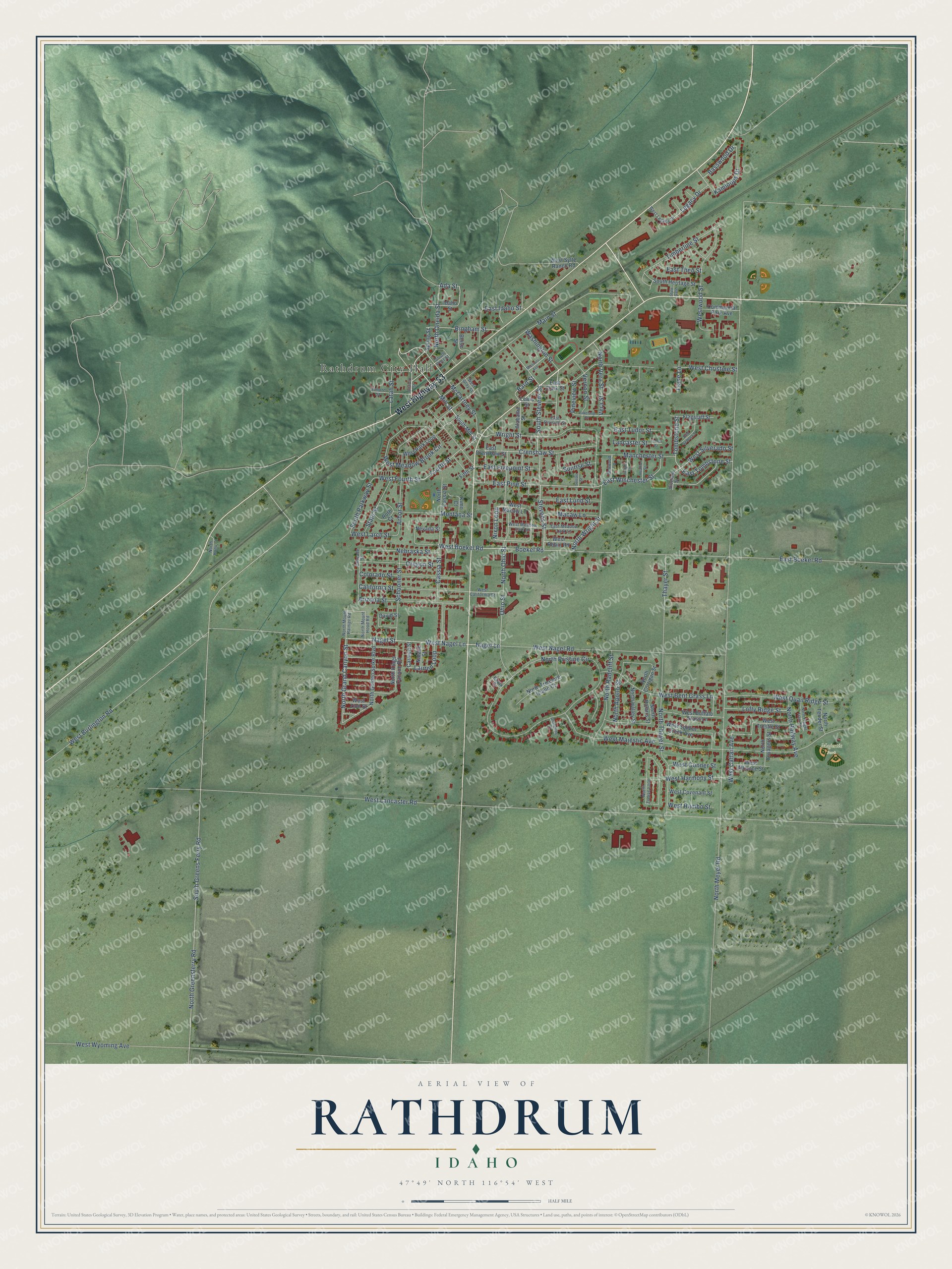 Full map of Rathdrum, Idaho, with red buildings, printed street names and the land around them