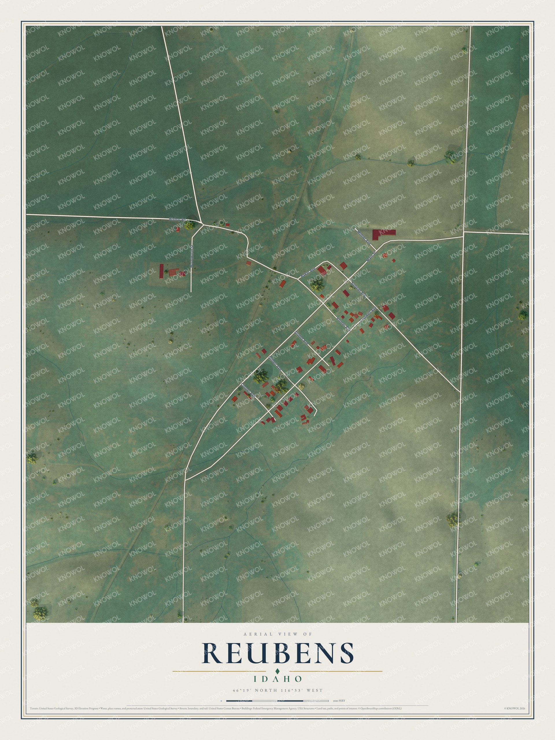 Full map of Reubens, Idaho, with red buildings, printed street names and the land around them
