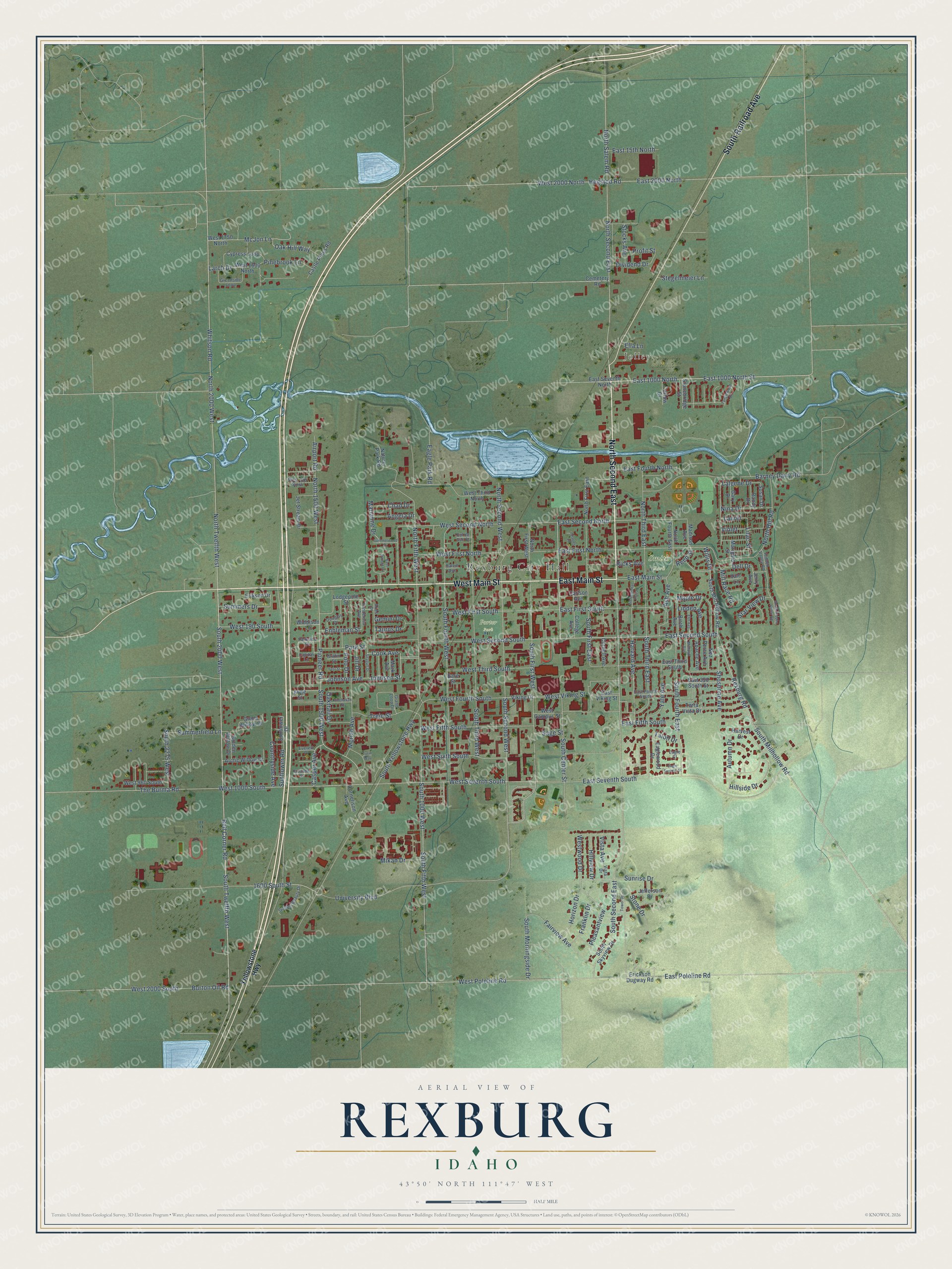 Full map of Rexburg, Idaho, with red buildings, printed street names and the land around them