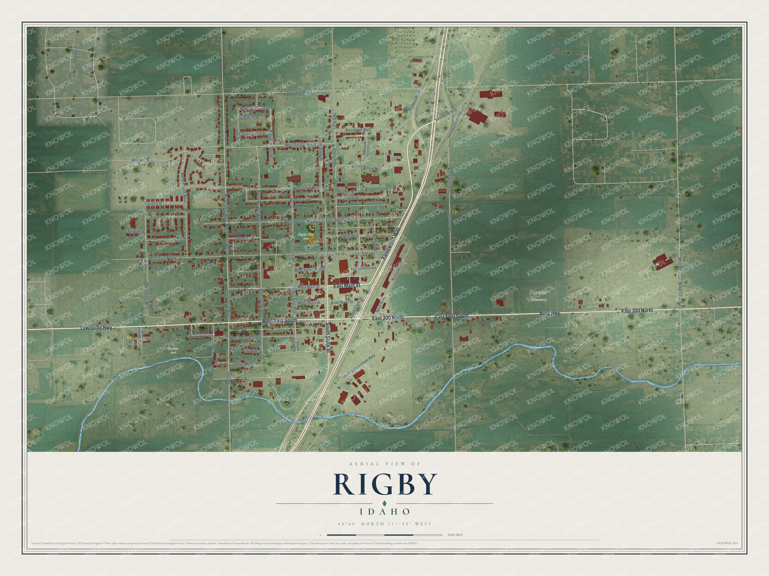 Full map of Rigby, Idaho, with red buildings, printed street names and the land around them