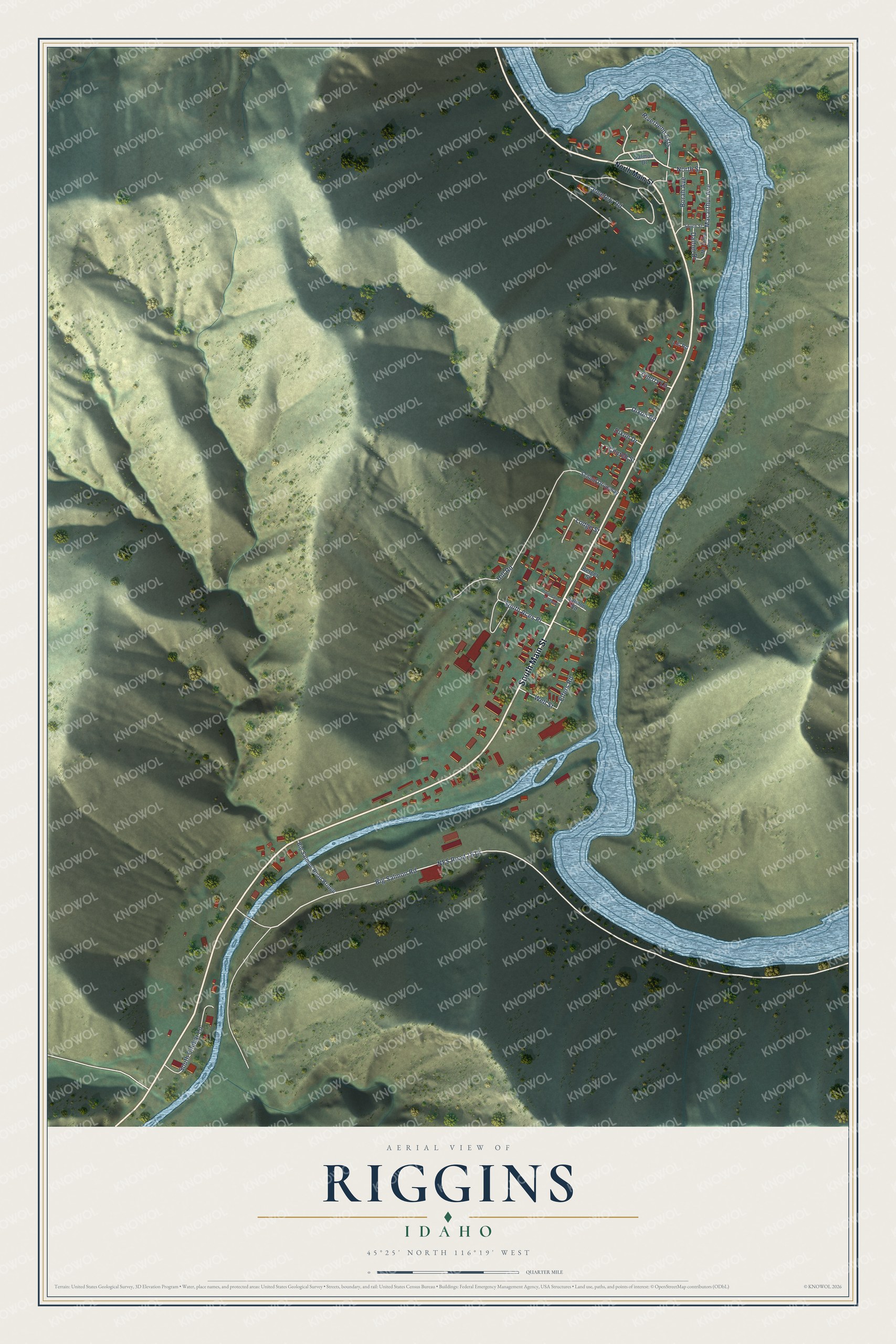 Full map of Riggins, Idaho, with red buildings, printed street names and the land around them