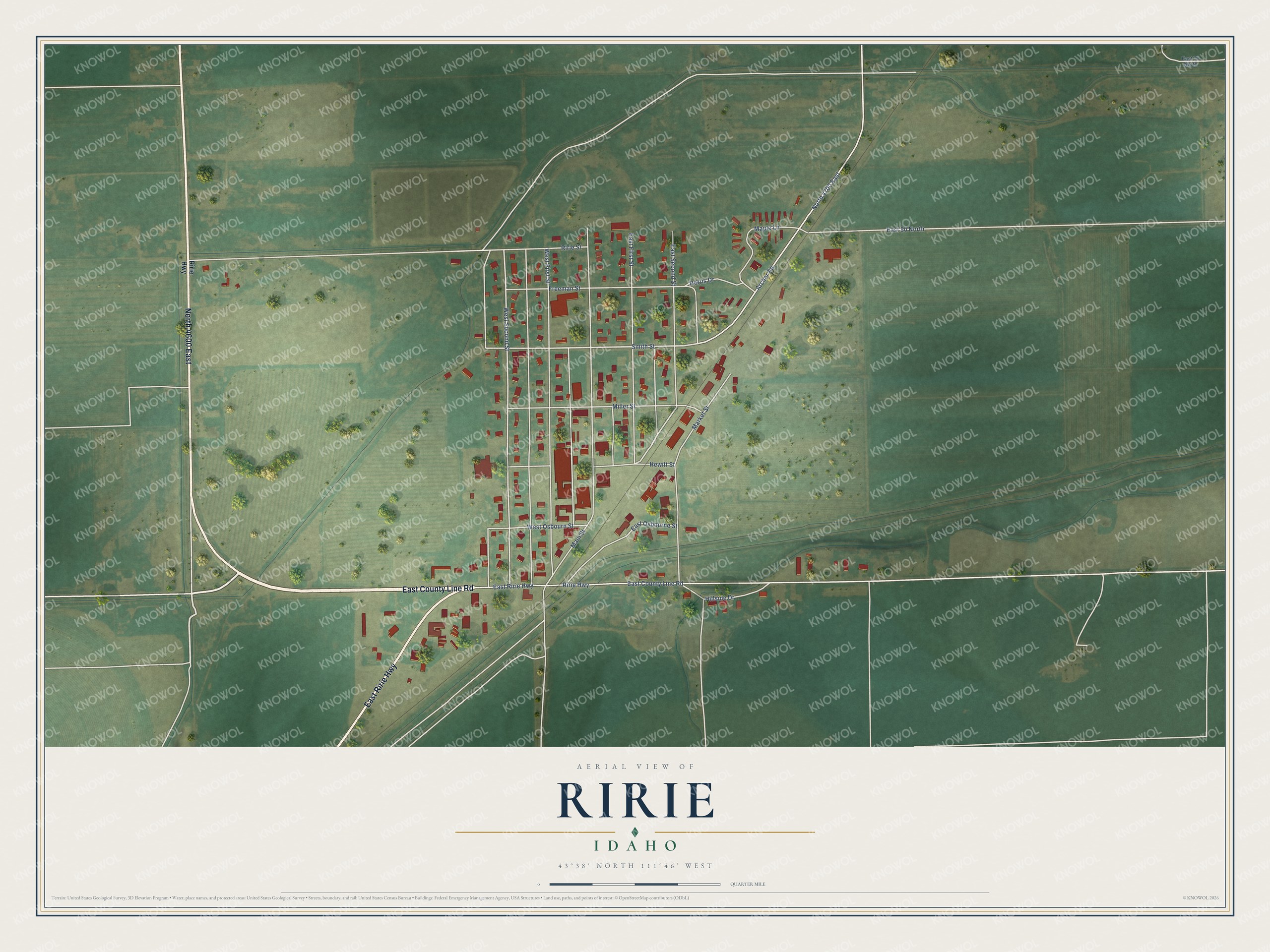 Full map of Ririe, Idaho, with red buildings, printed street names and the land around them