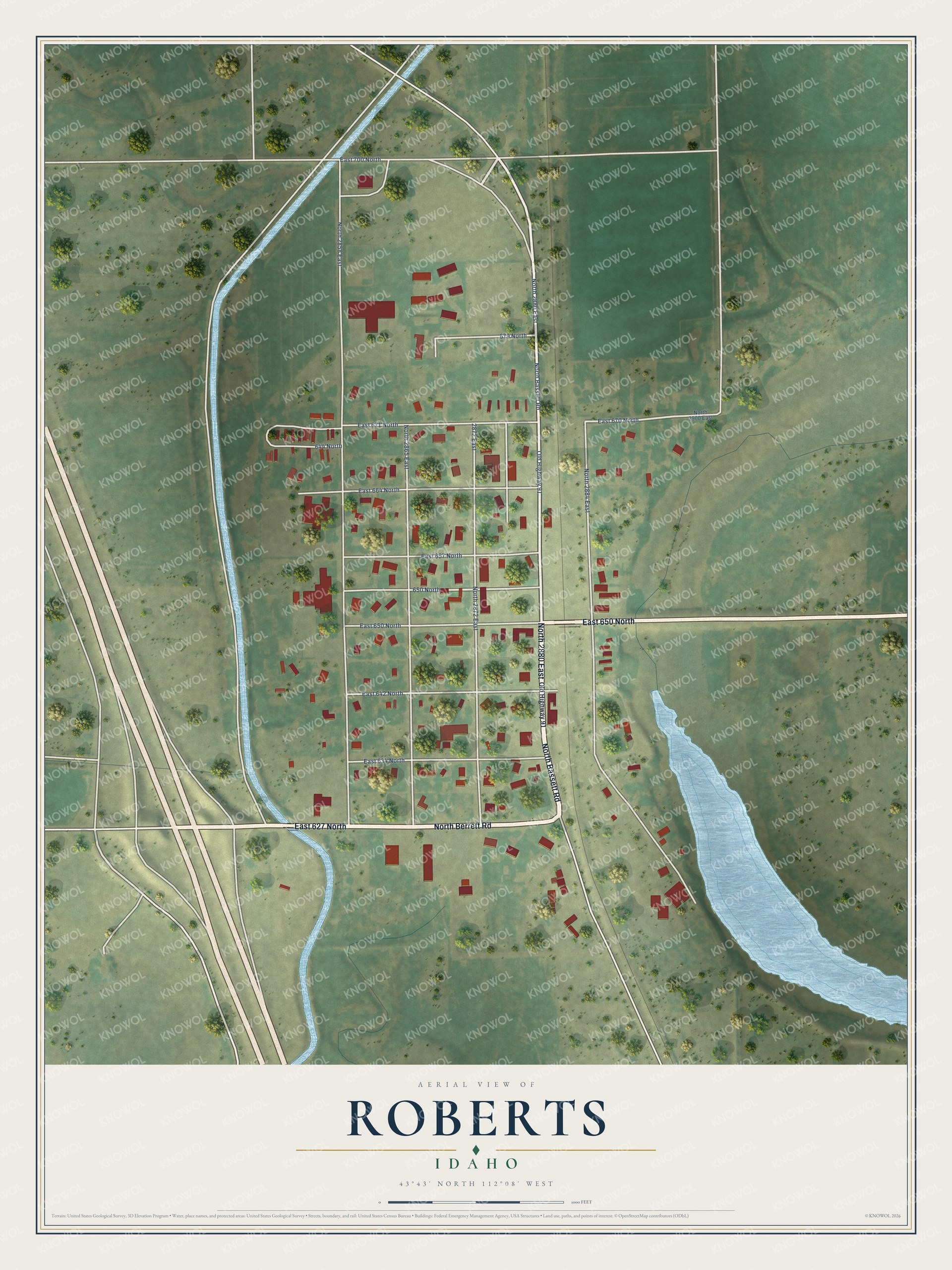 Full map of Roberts, Idaho, with red buildings, printed street names and the land around them
