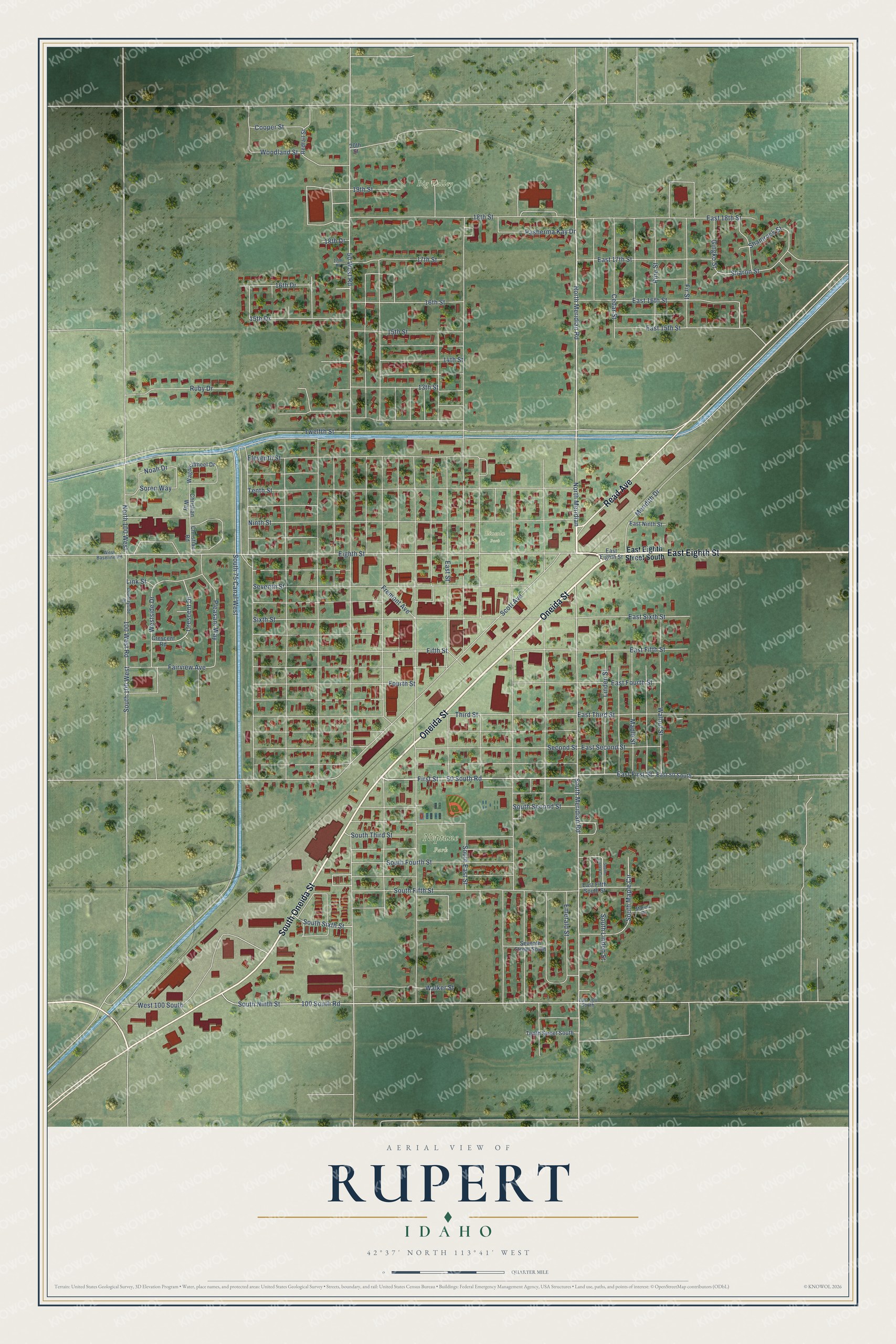 Full map of Rupert, Idaho, with red buildings, printed street names and the land around them