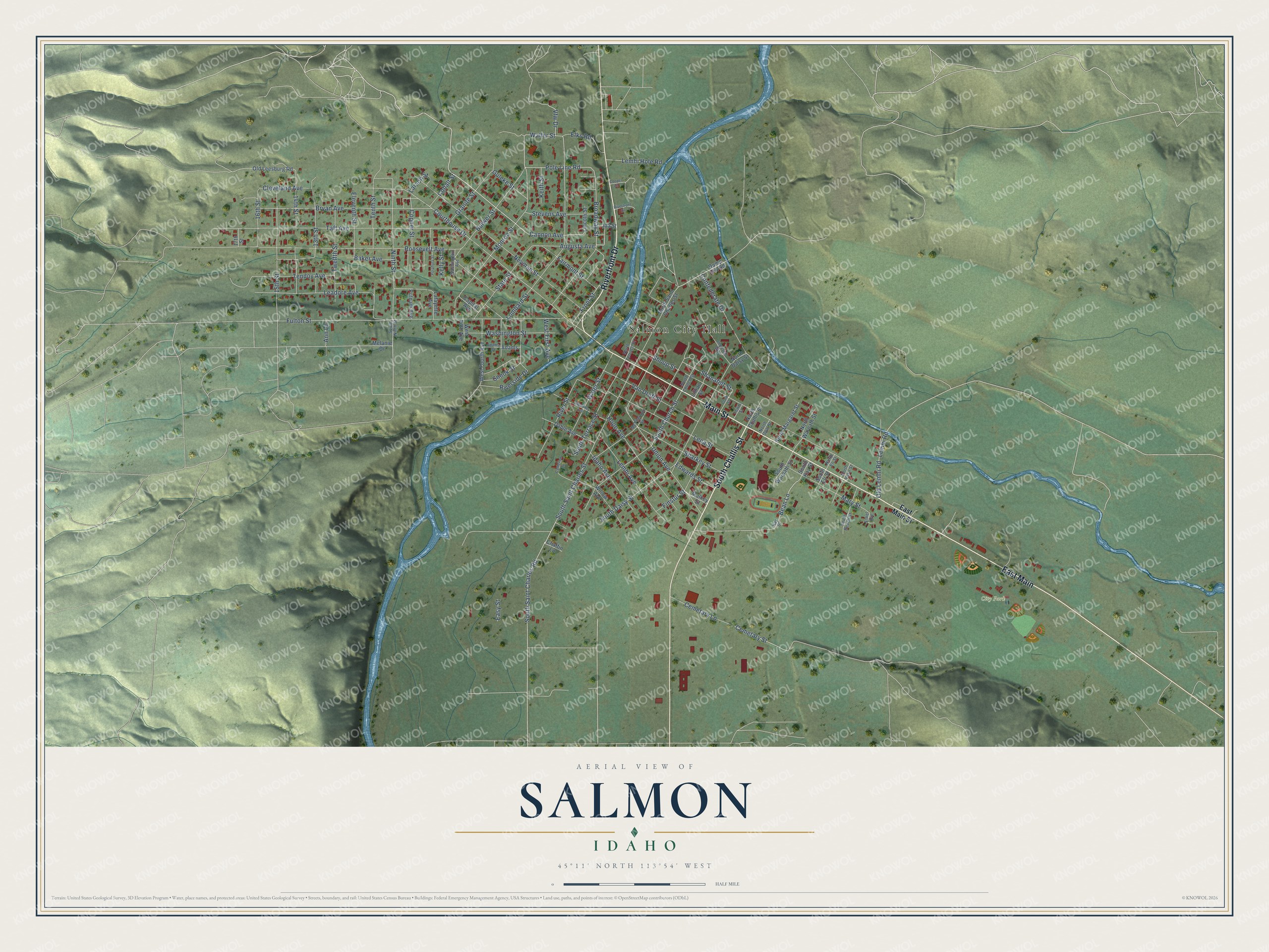 Full map of Salmon, Idaho, with red buildings, printed street names and the land around them
