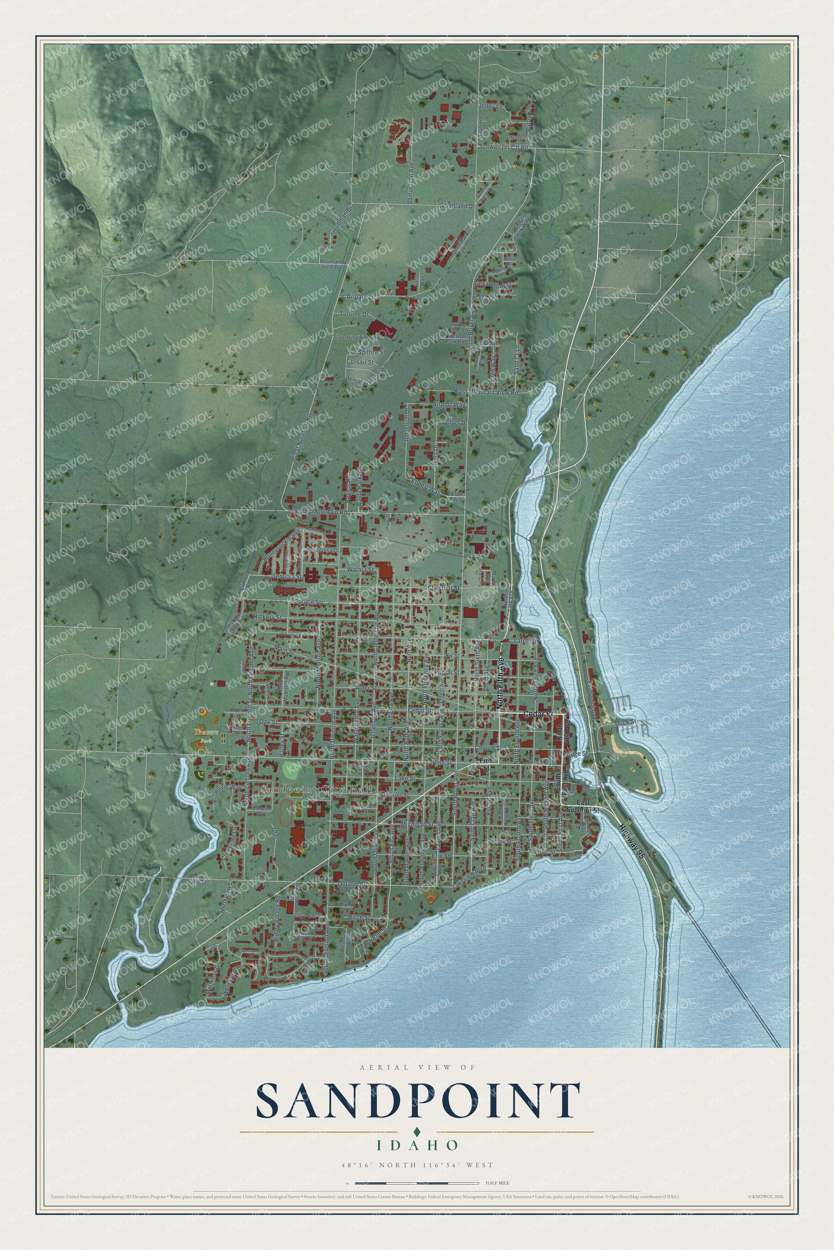 Full map of Sandpoint, Idaho, with red buildings, printed street names and the land around them