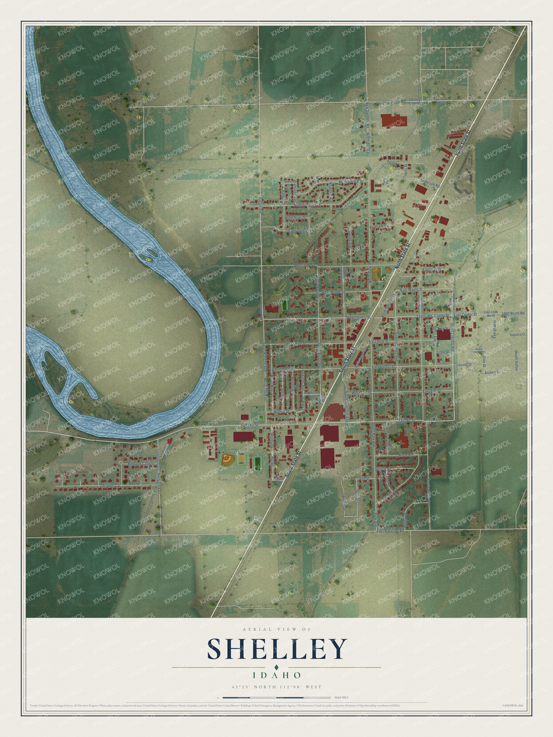 Full map of Shelley, Idaho, with red buildings, printed street names and the land around them