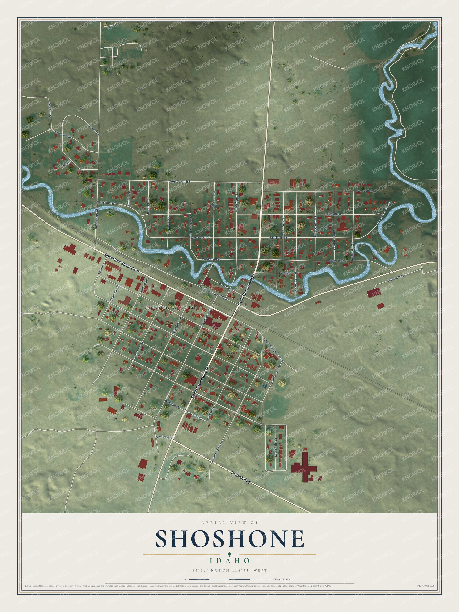 Full map of Shoshone, Idaho, with red buildings, printed street names and the land around them