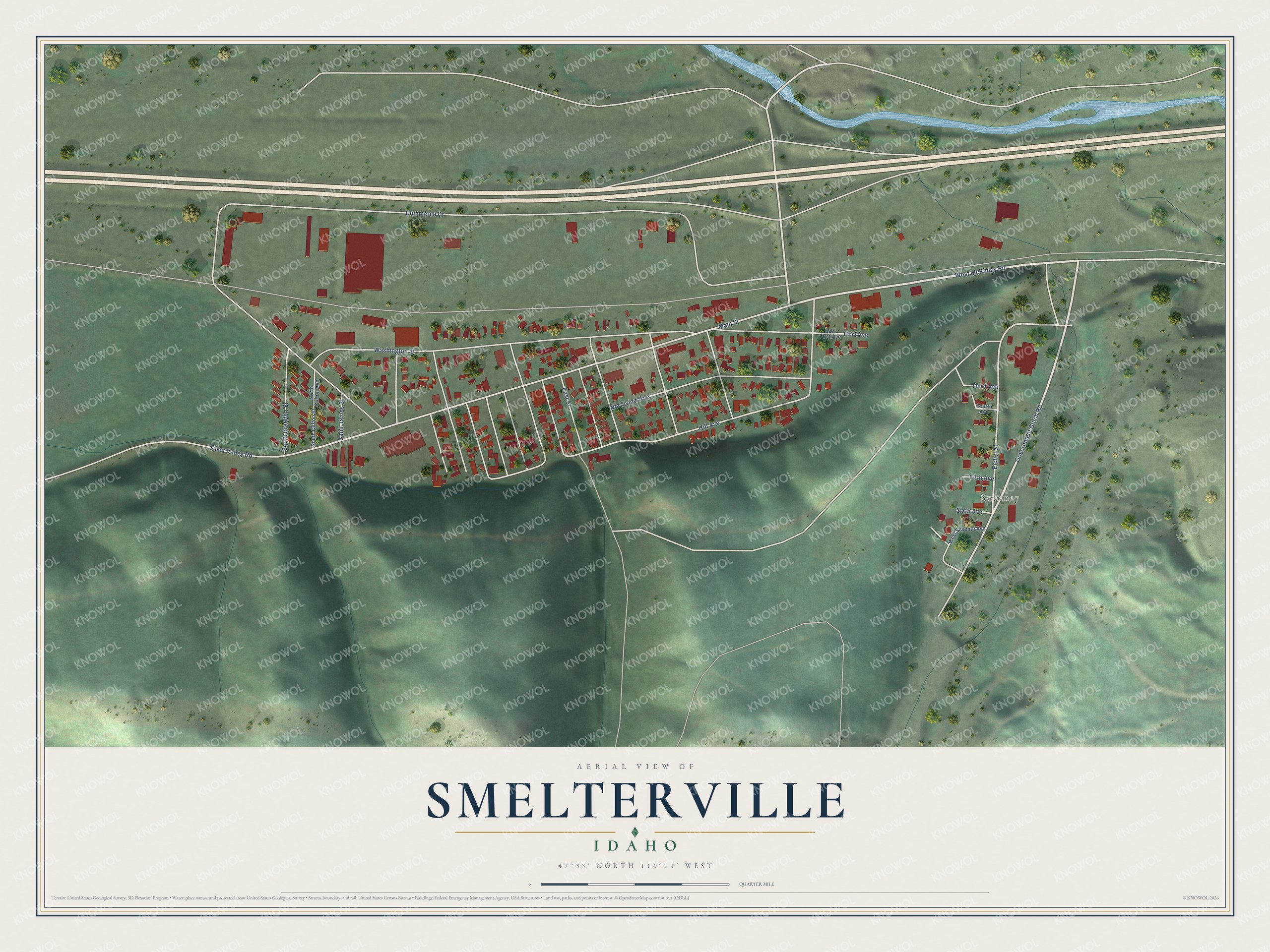 Full map of Smelterville, Idaho, with red buildings, printed street names and the land around them