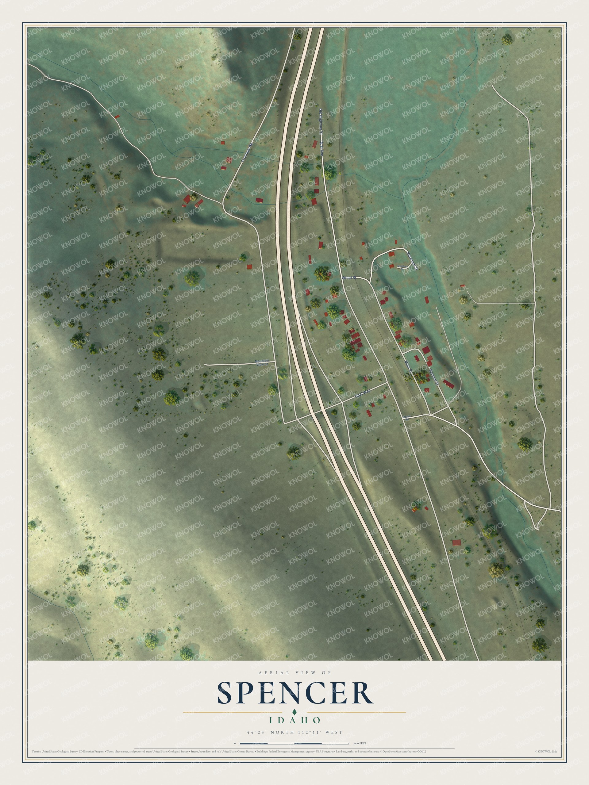 Full map of Spencer, Idaho, with red buildings, printed street names and the land around them