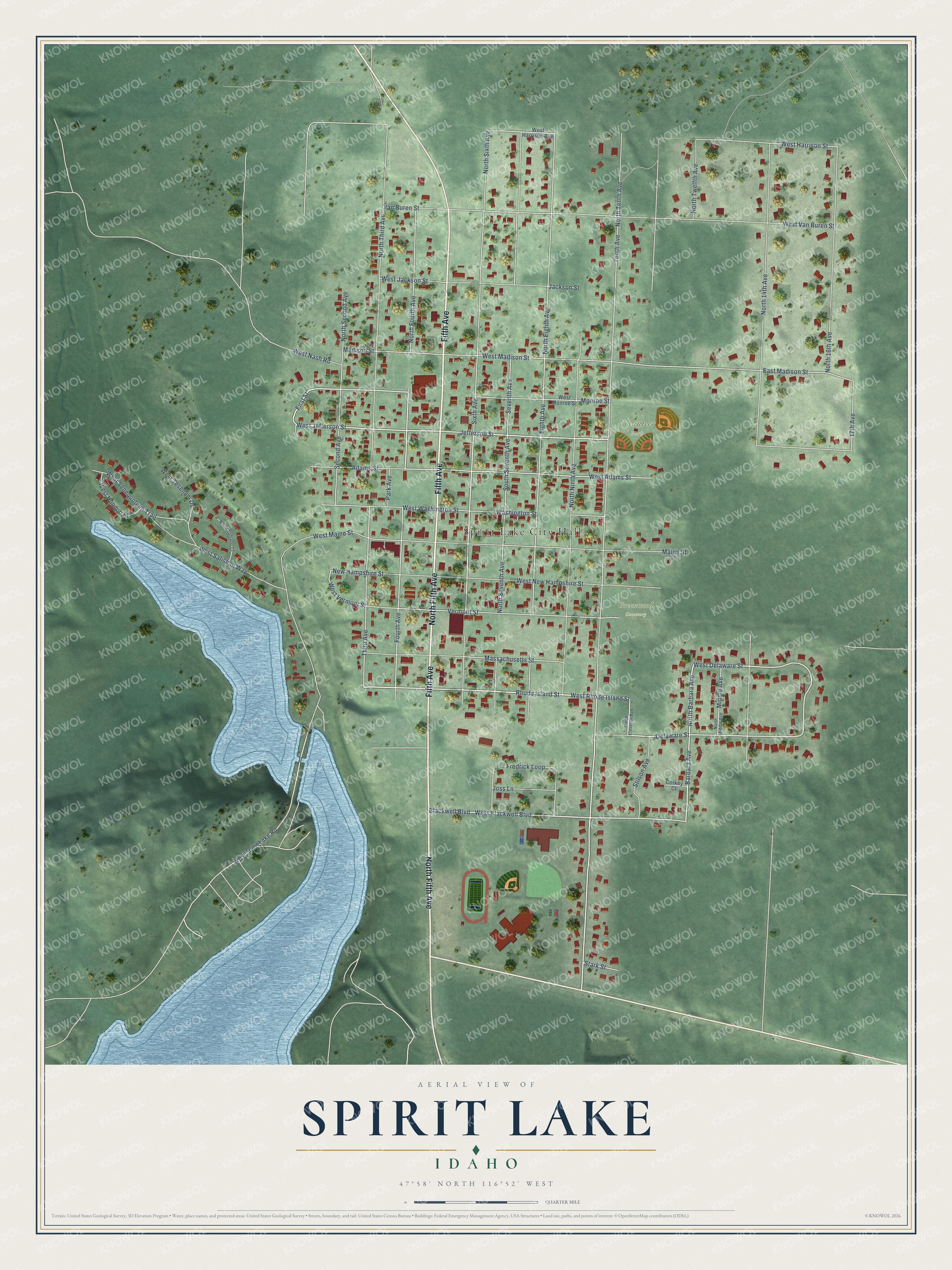 Full map of Spirit Lake, Idaho, with red buildings, printed street names and the land around them
