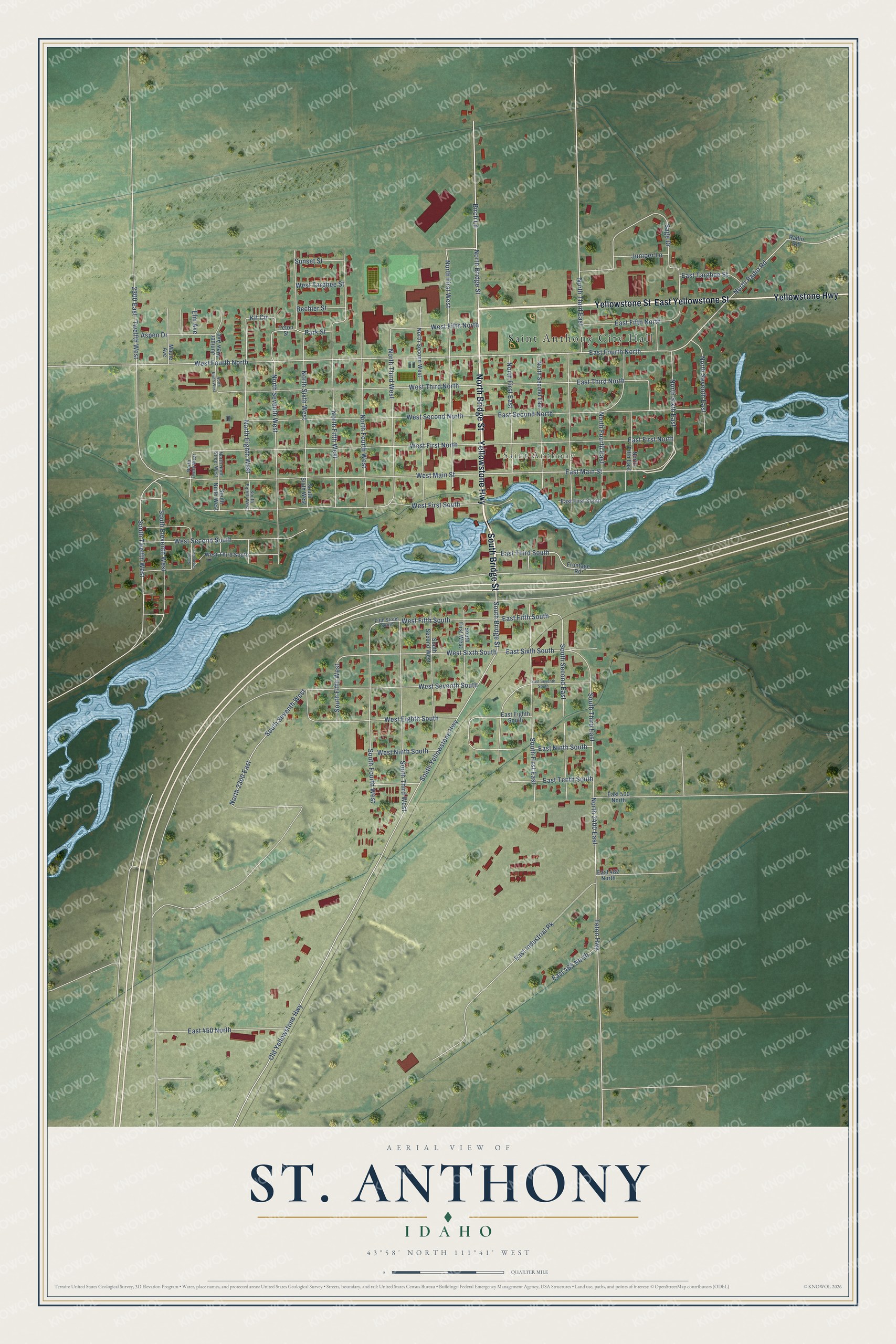 Full map of St. Anthony, Idaho, with red buildings, printed street names and the land around them