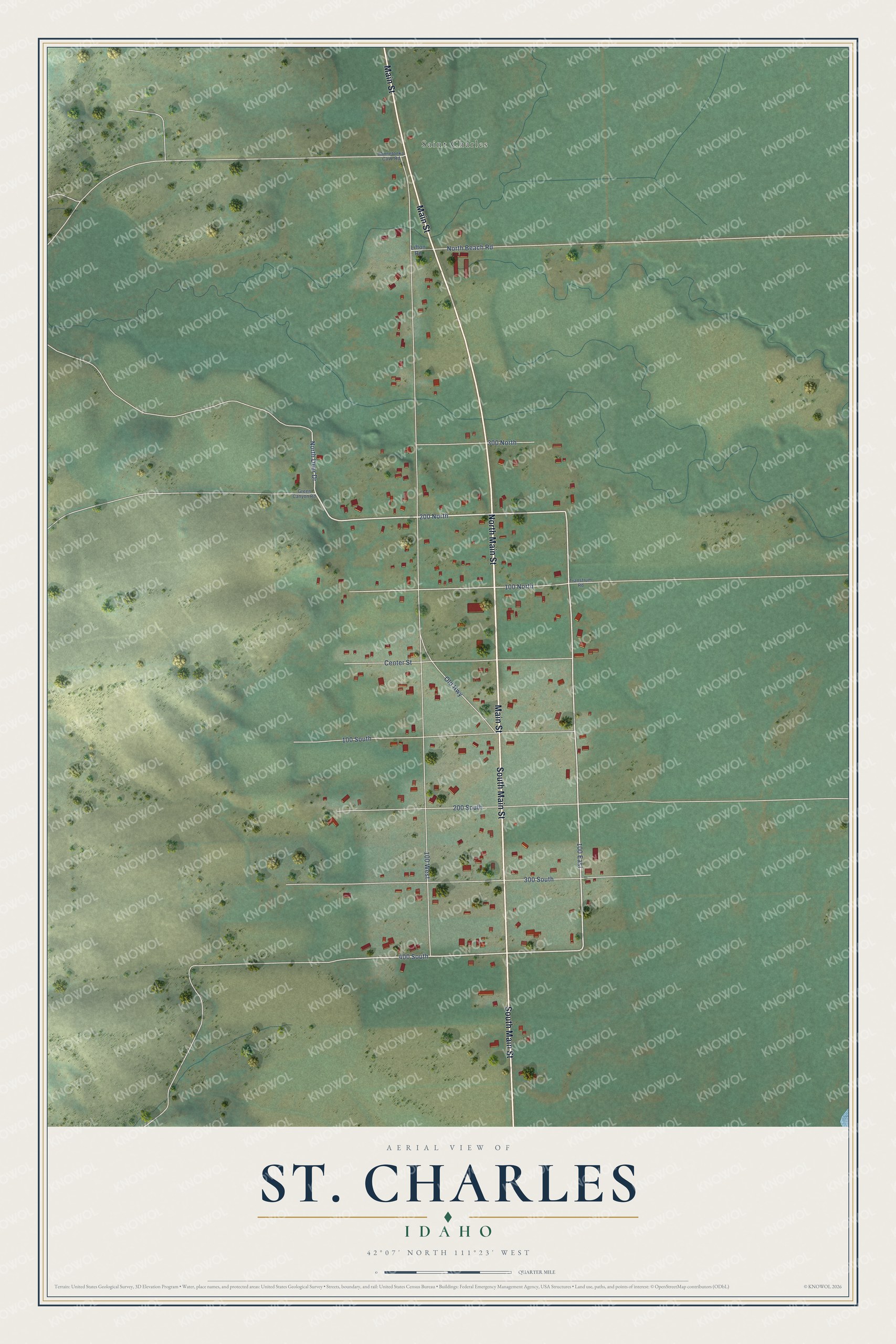 Full map of St. Charles, Idaho, with red buildings, printed street names and the land around them